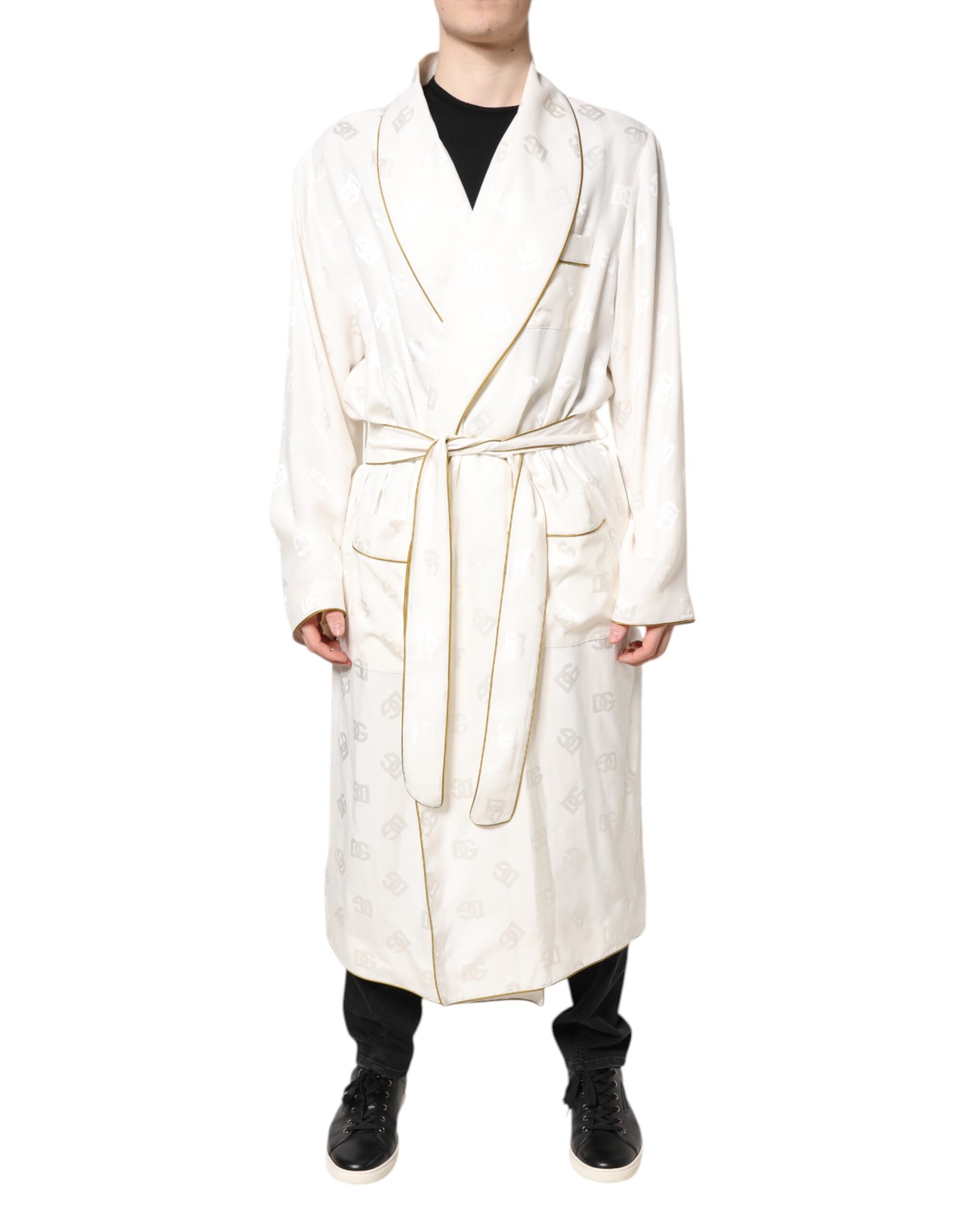 Dolce & Gabbana Ivory Silk Logo Men Wrap Robe Coat Jacket - ACCEXO