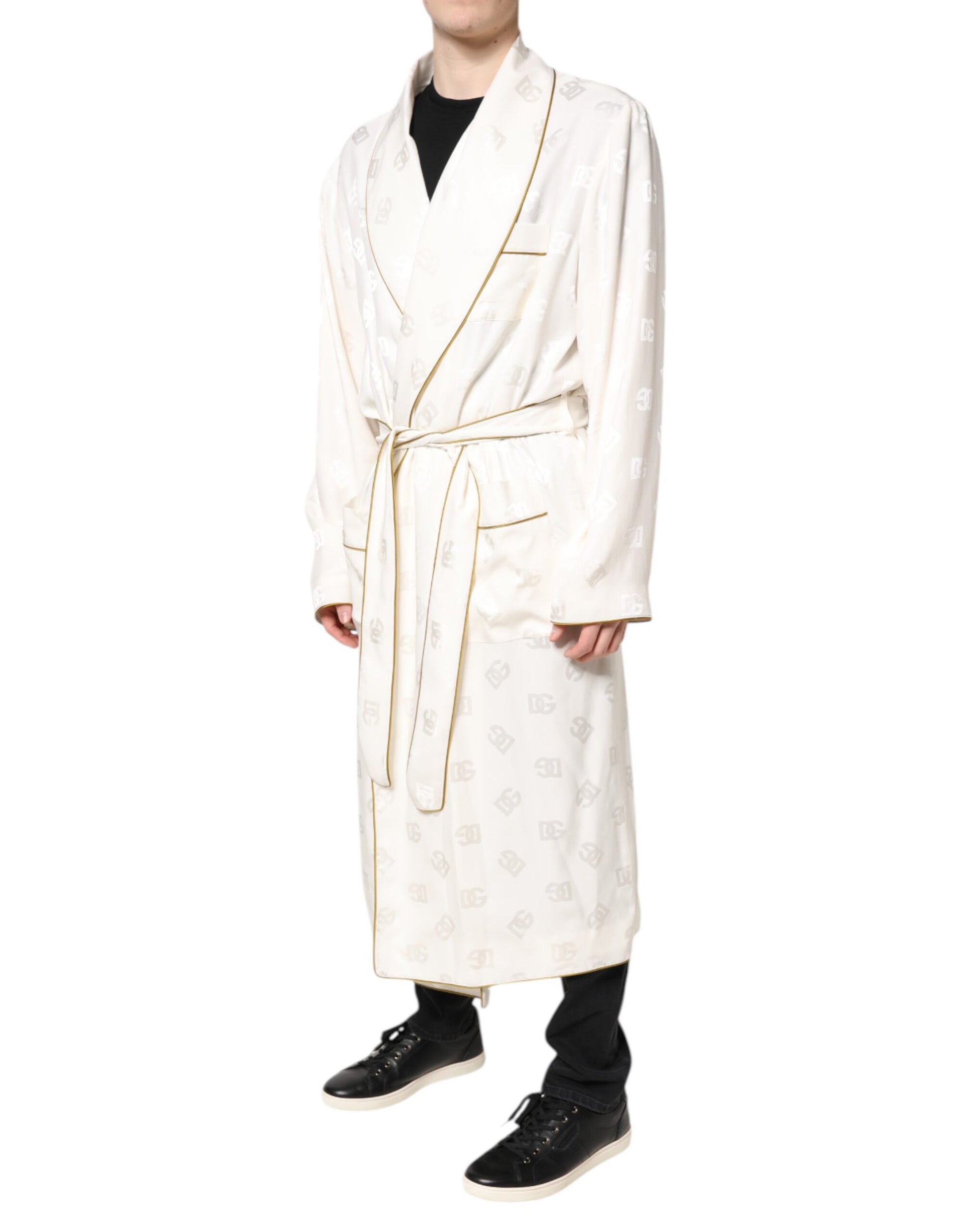 Dolce & Gabbana Ivory Silk Logo Men Wrap Robe Coat Jacket - ACCEXO