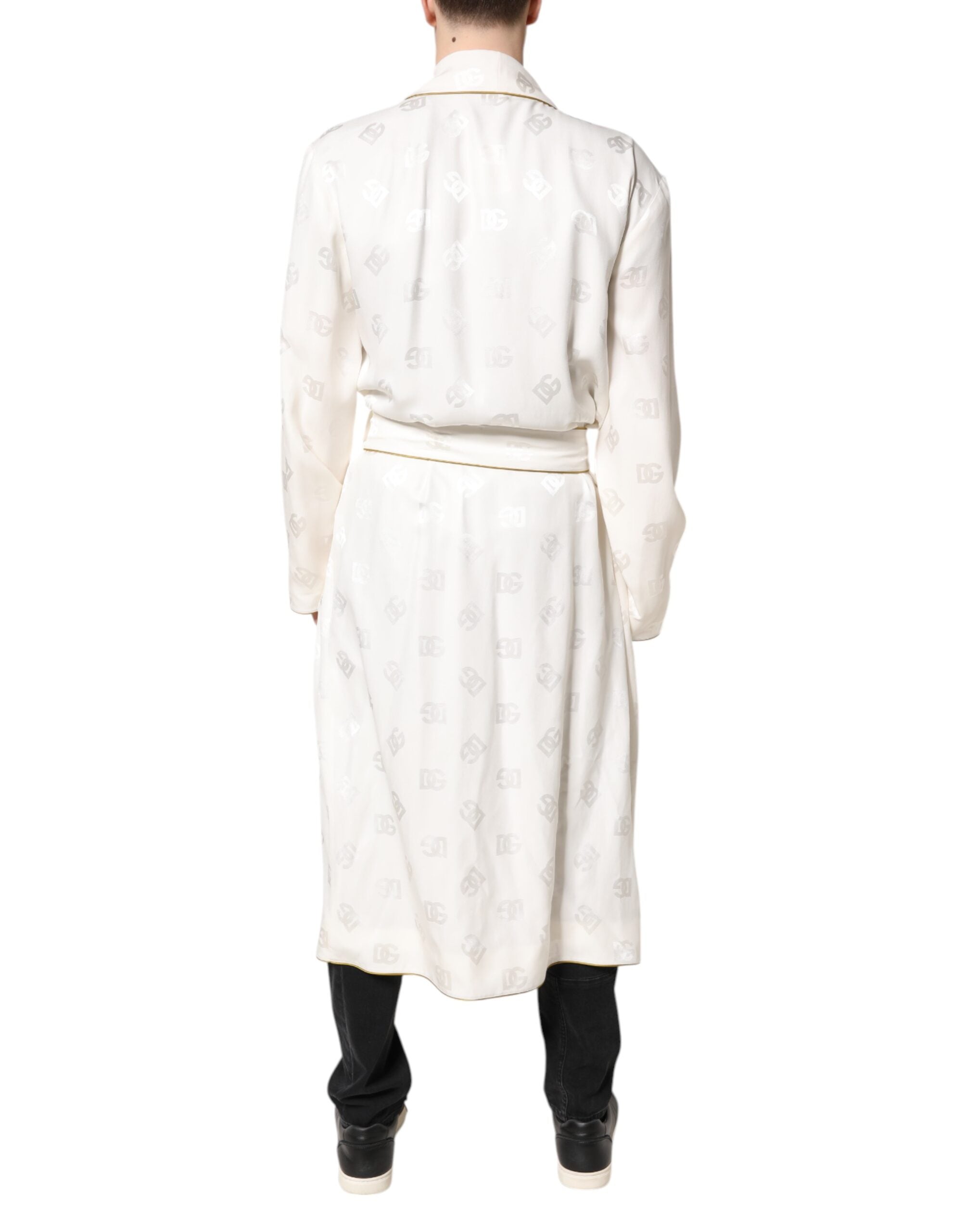 Dolce & Gabbana Ivory Silk Logo Men Wrap Robe Coat Jacket - ACCEXO