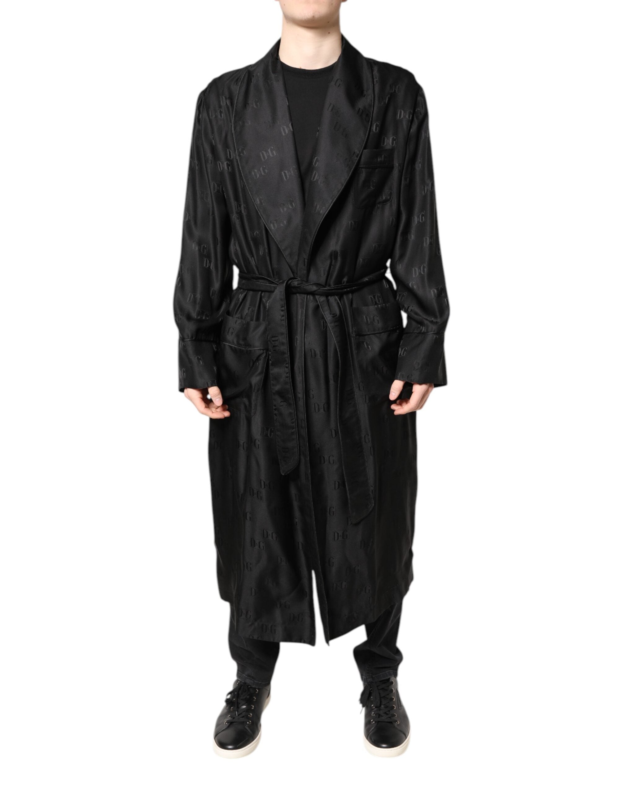 Dolce & Gabbana Black Silk DG Logo Men Wrap Robe Coat Jacket - ACCEXO