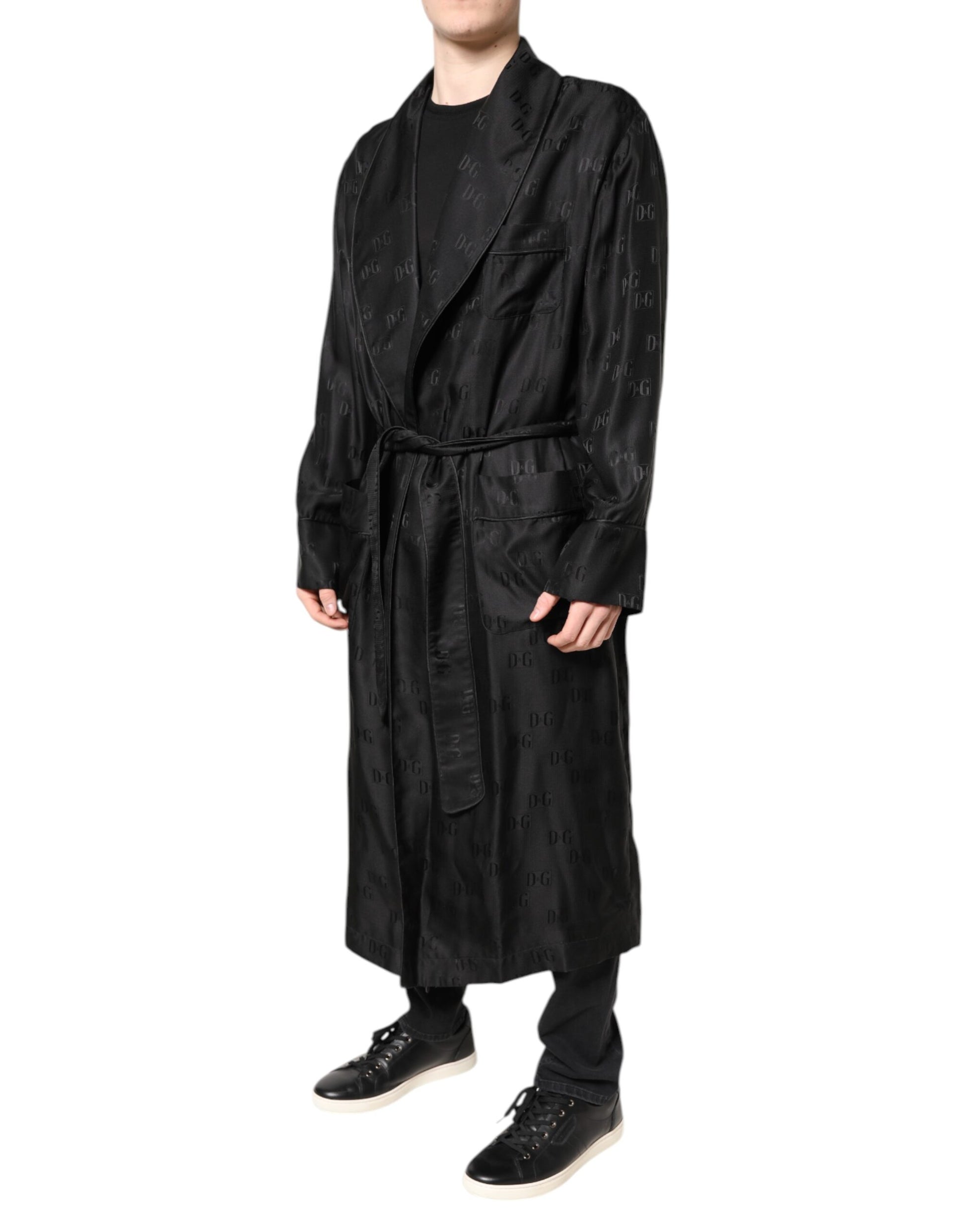Dolce & Gabbana Black Silk DG Logo Men Wrap Robe Coat Jacket - ACCEXO