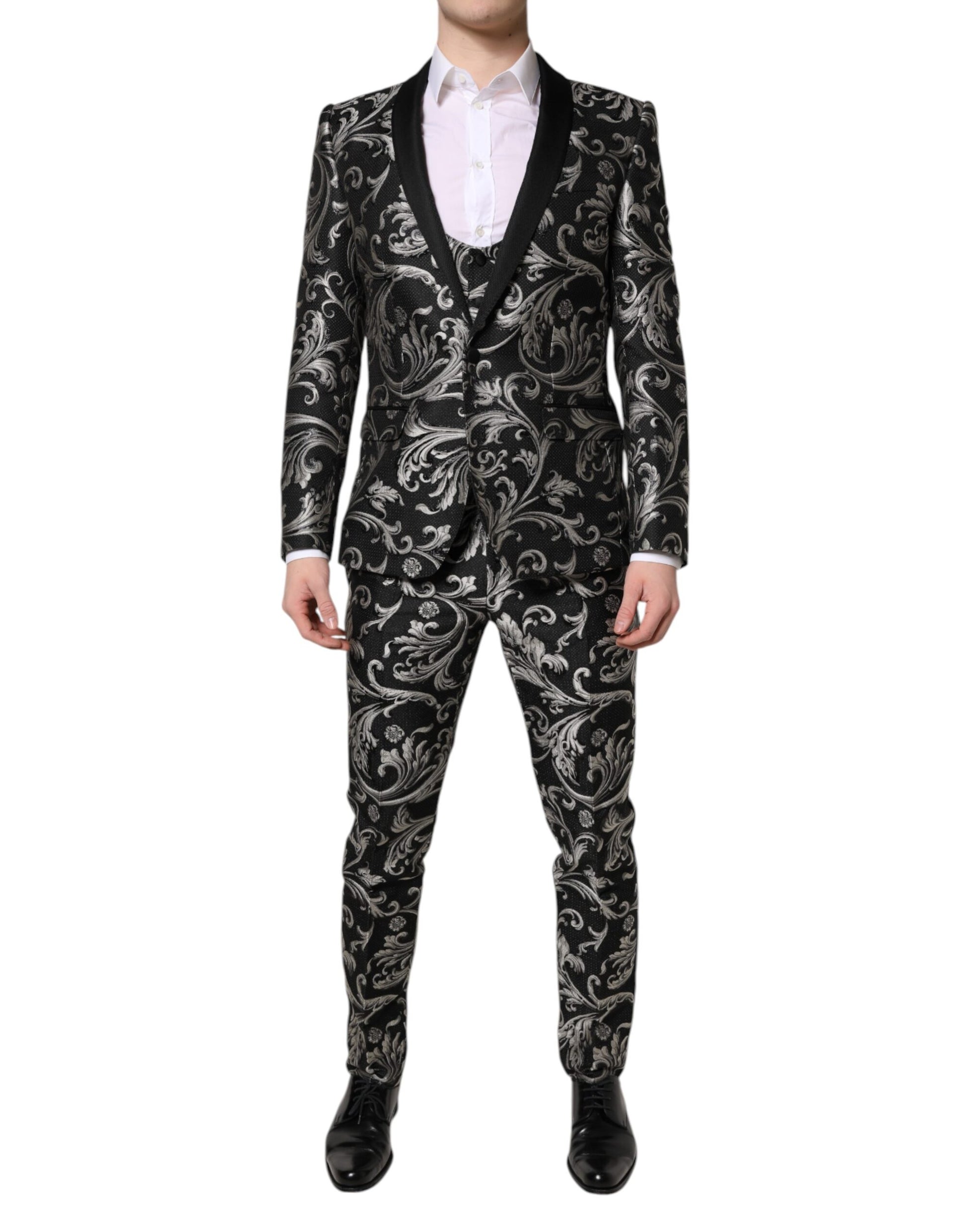 Dolce & Gabbana Black Gray MARTINI Jacquard Men 3 Piece Suit - ACCEXO