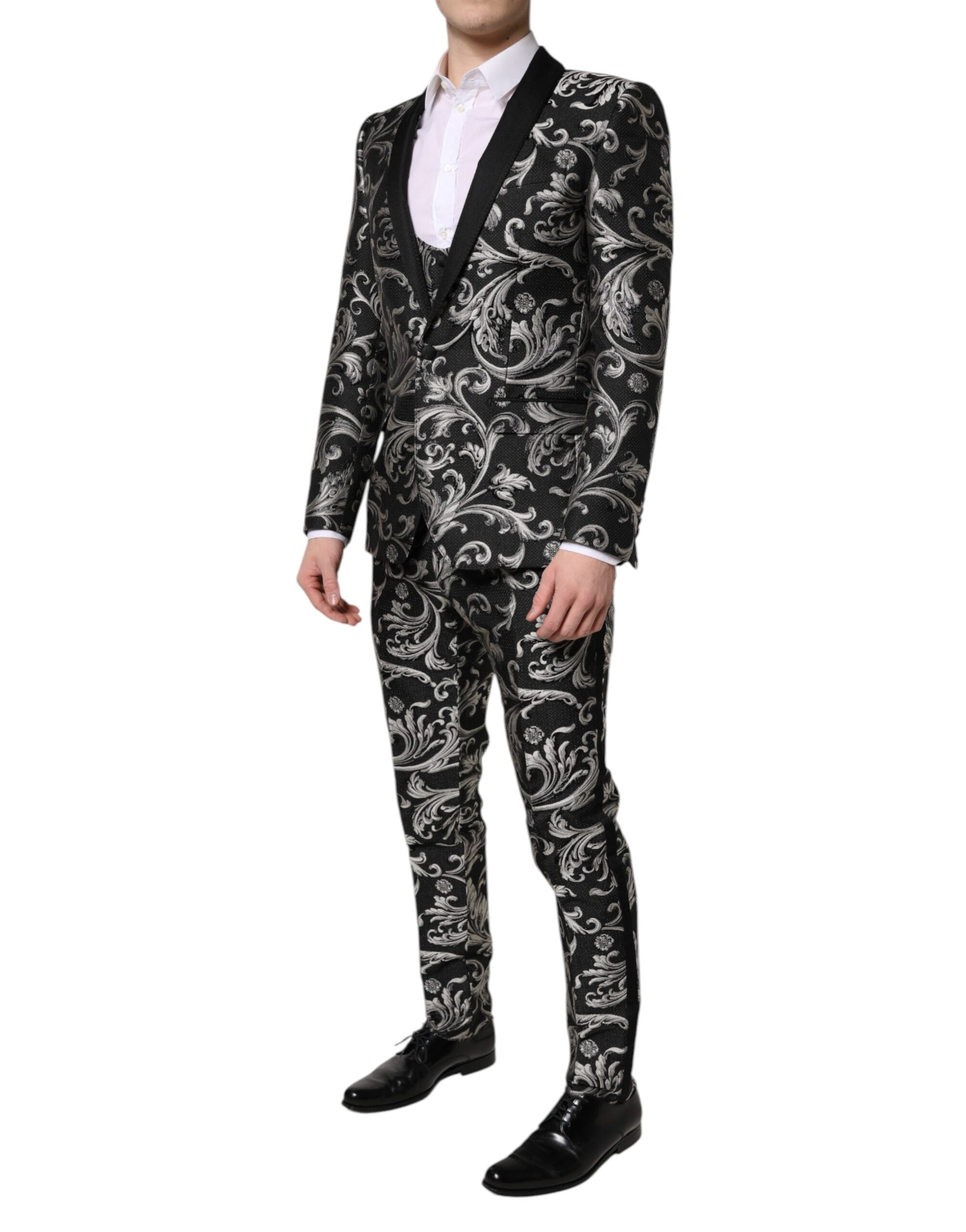 Dolce & Gabbana Black Gray MARTINI Jacquard Men 3 Piece Suit - ACCEXO