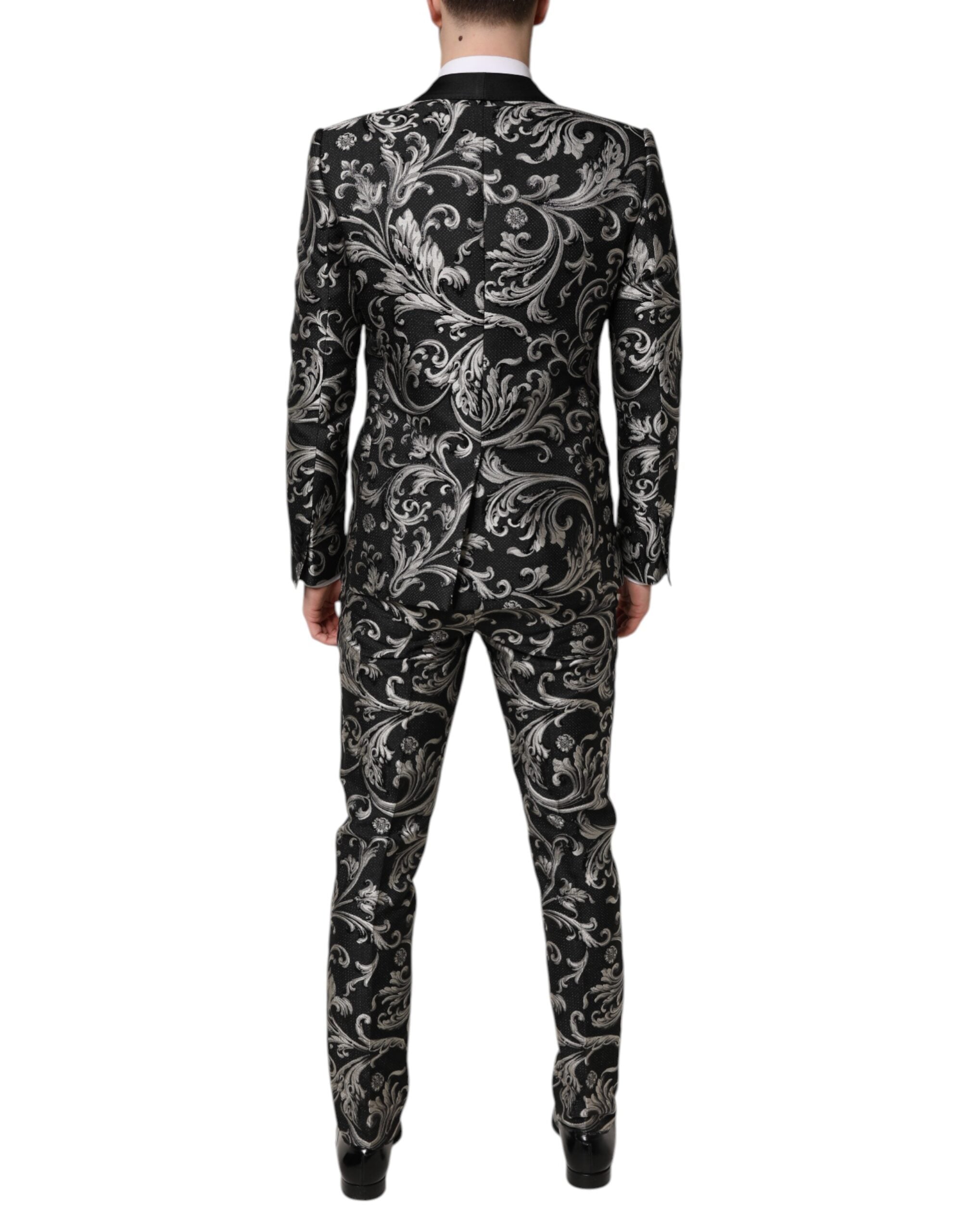 Dolce & Gabbana Black Gray MARTINI Jacquard Men 3 Piece Suit - ACCEXO