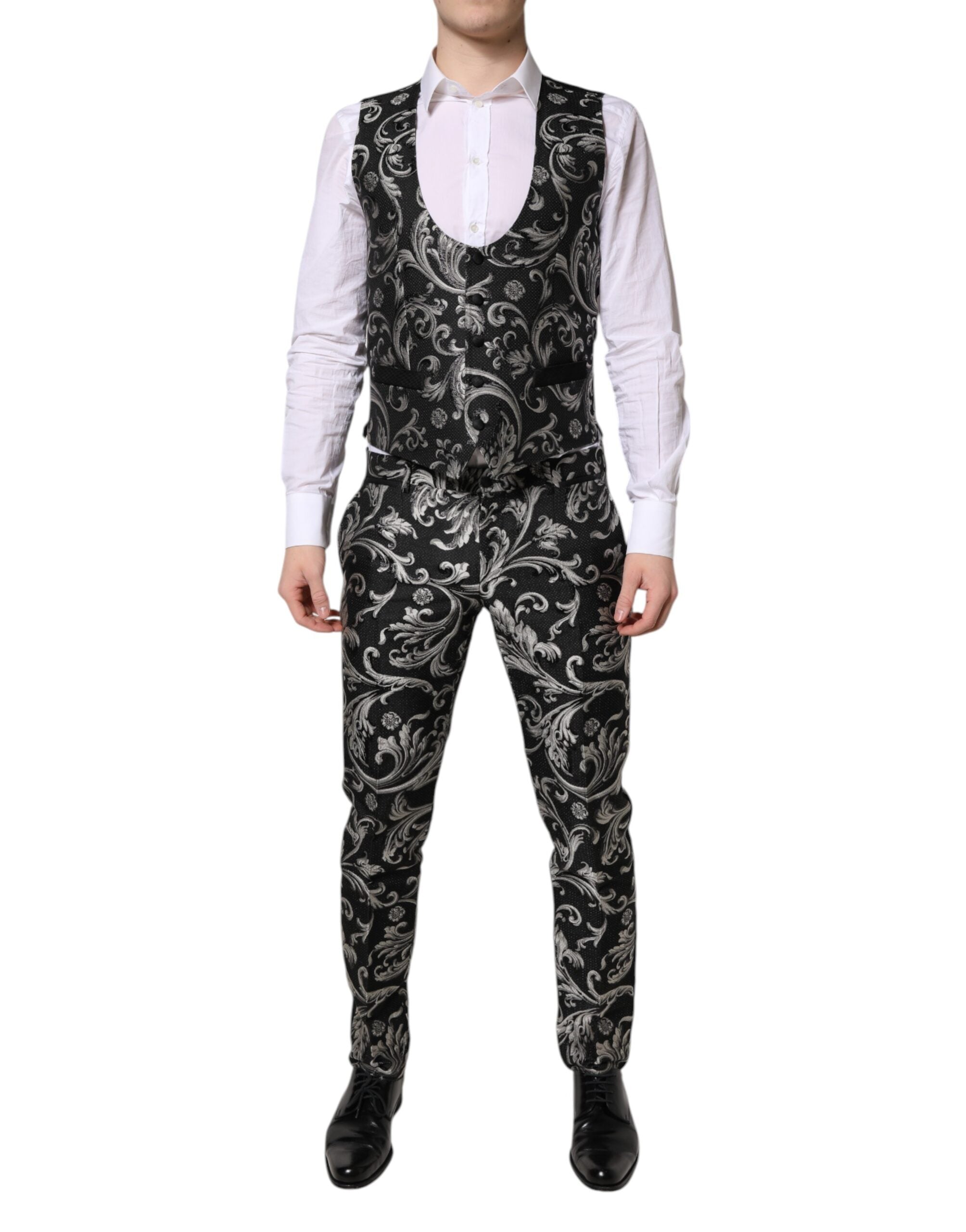 Dolce & Gabbana Black Gray MARTINI Jacquard Men 3 Piece Suit - ACCEXO