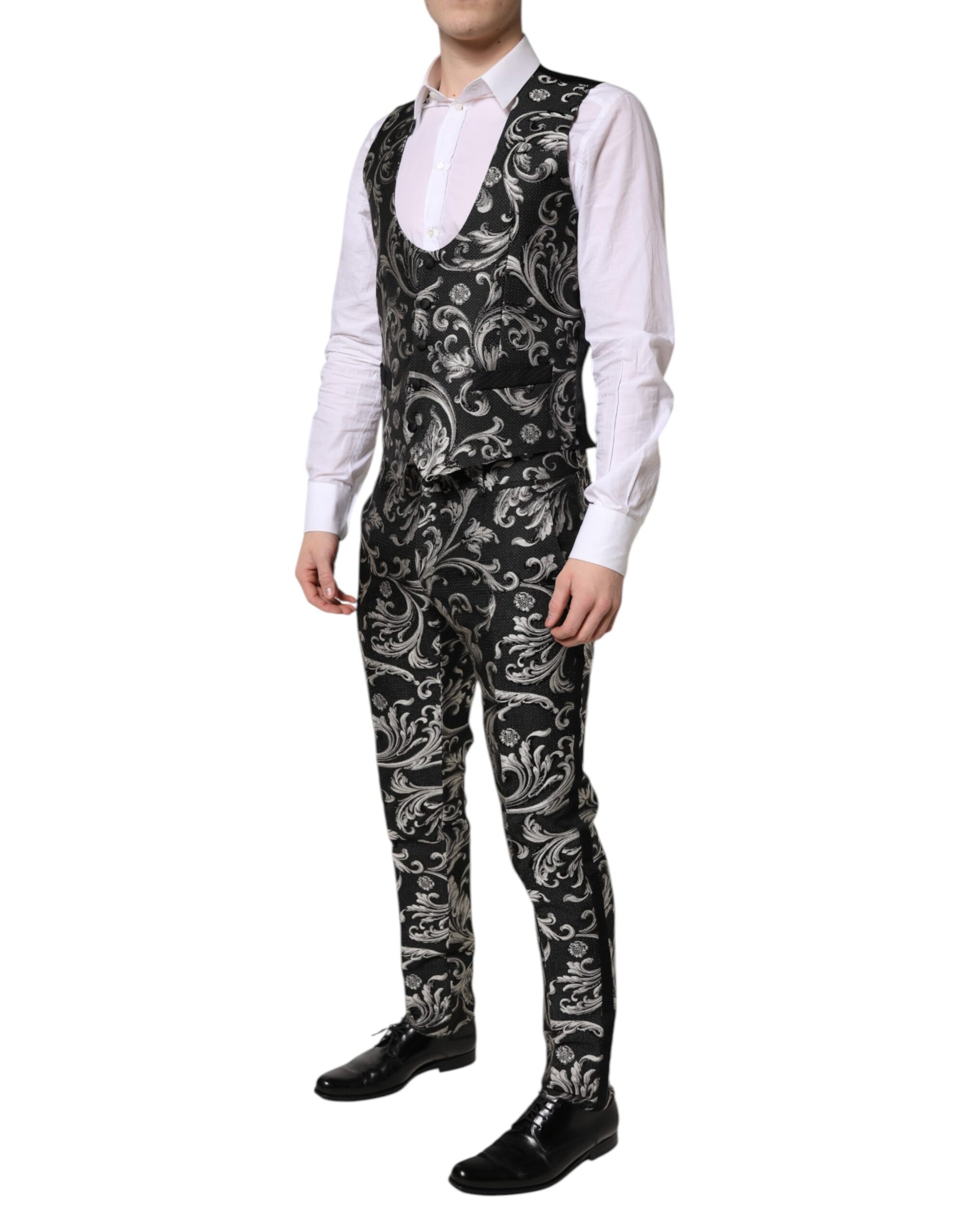 Dolce & Gabbana Black Gray MARTINI Jacquard Men 3 Piece Suit - ACCEXO