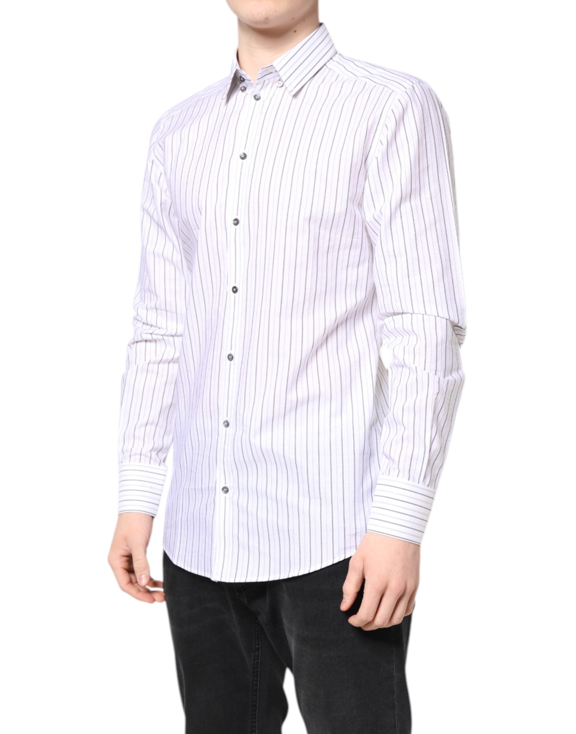 Dolce & Gabbana White Stripes Cotton GOLD Formal Dress Shirt - ACCEXO