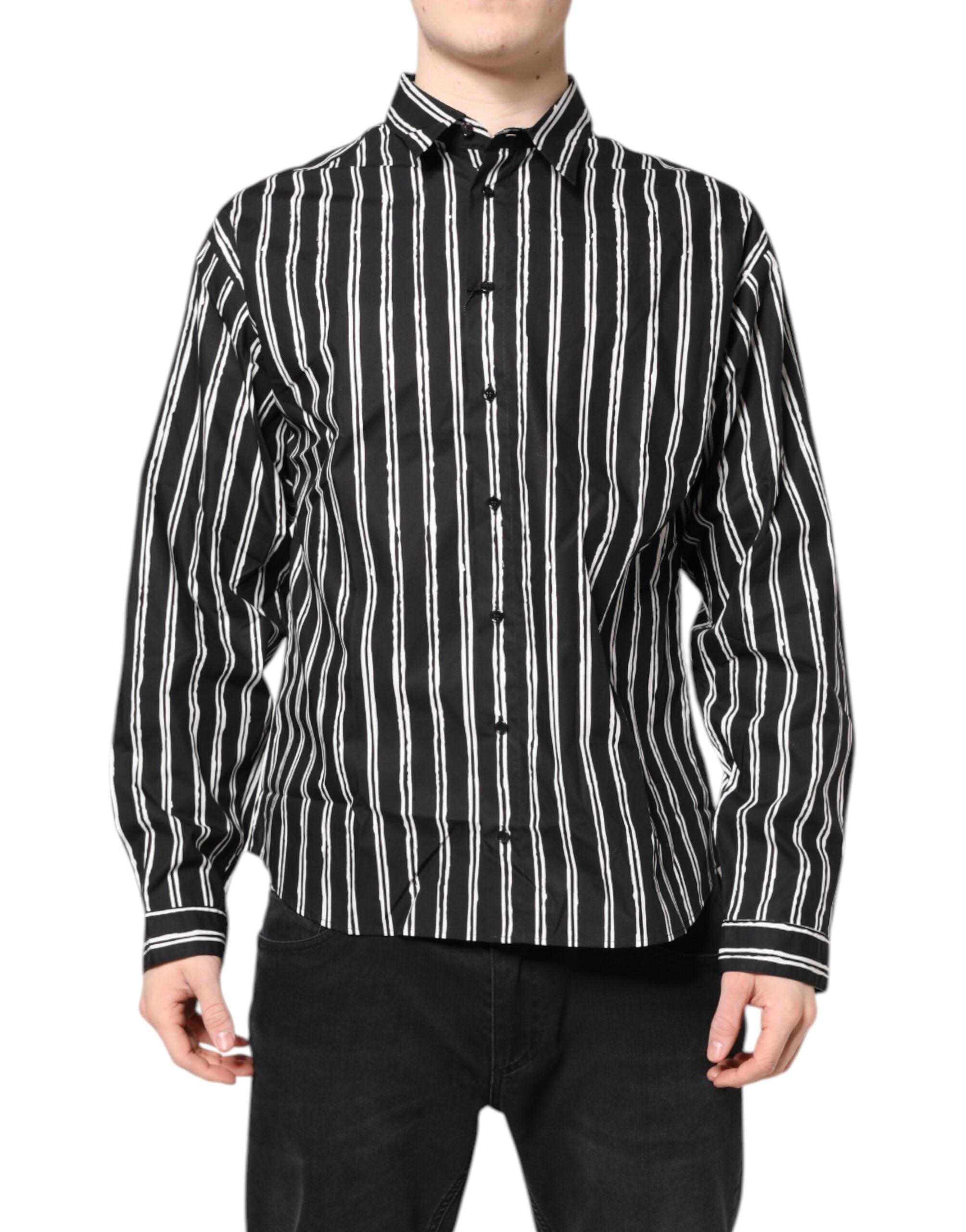 Dolce & Gabbana Black White Striped Cotton Dress Shirt - ACCEXO