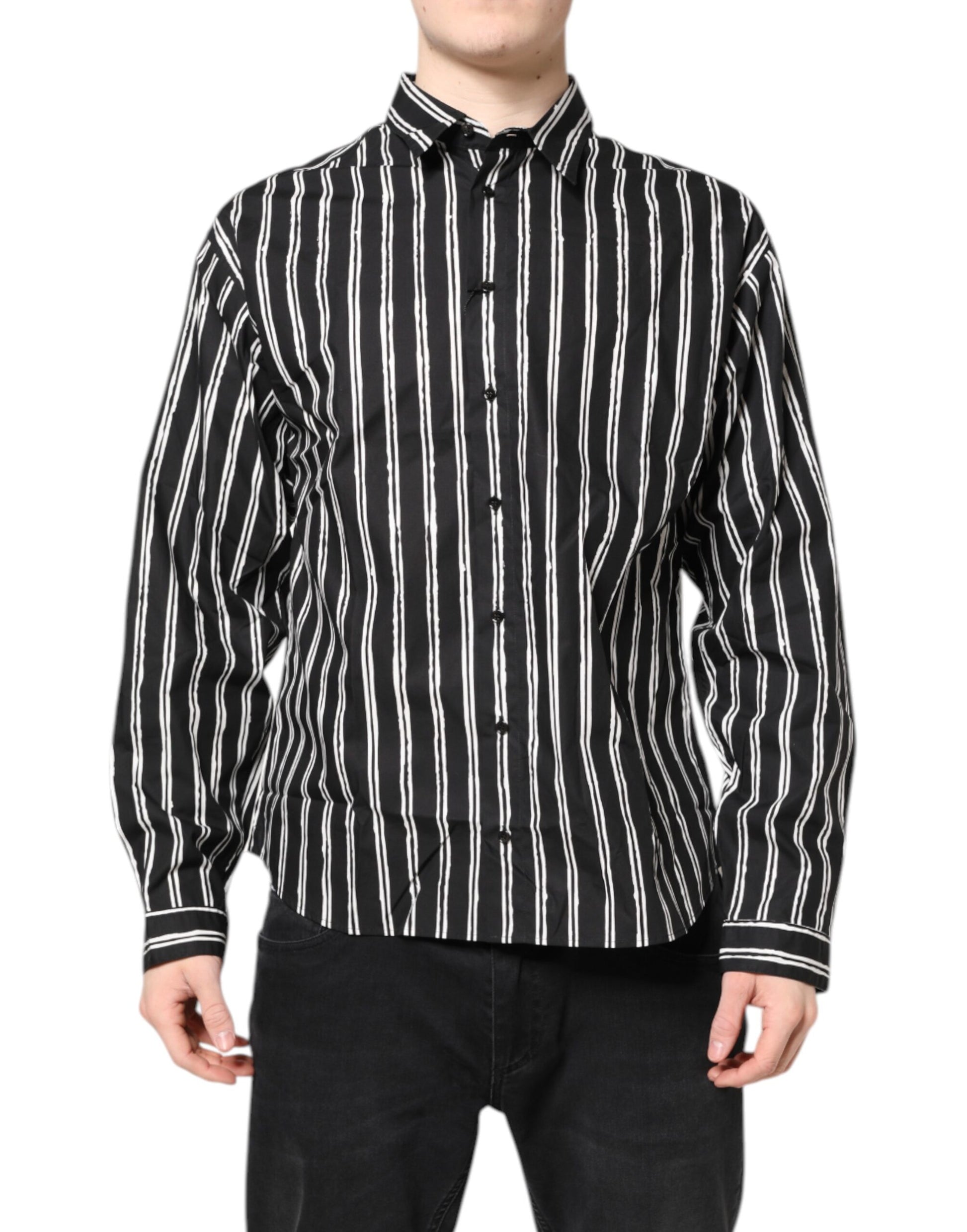 Dolce & Gabbana Black White Striped Cotton Dress Shirt - ACCEXO