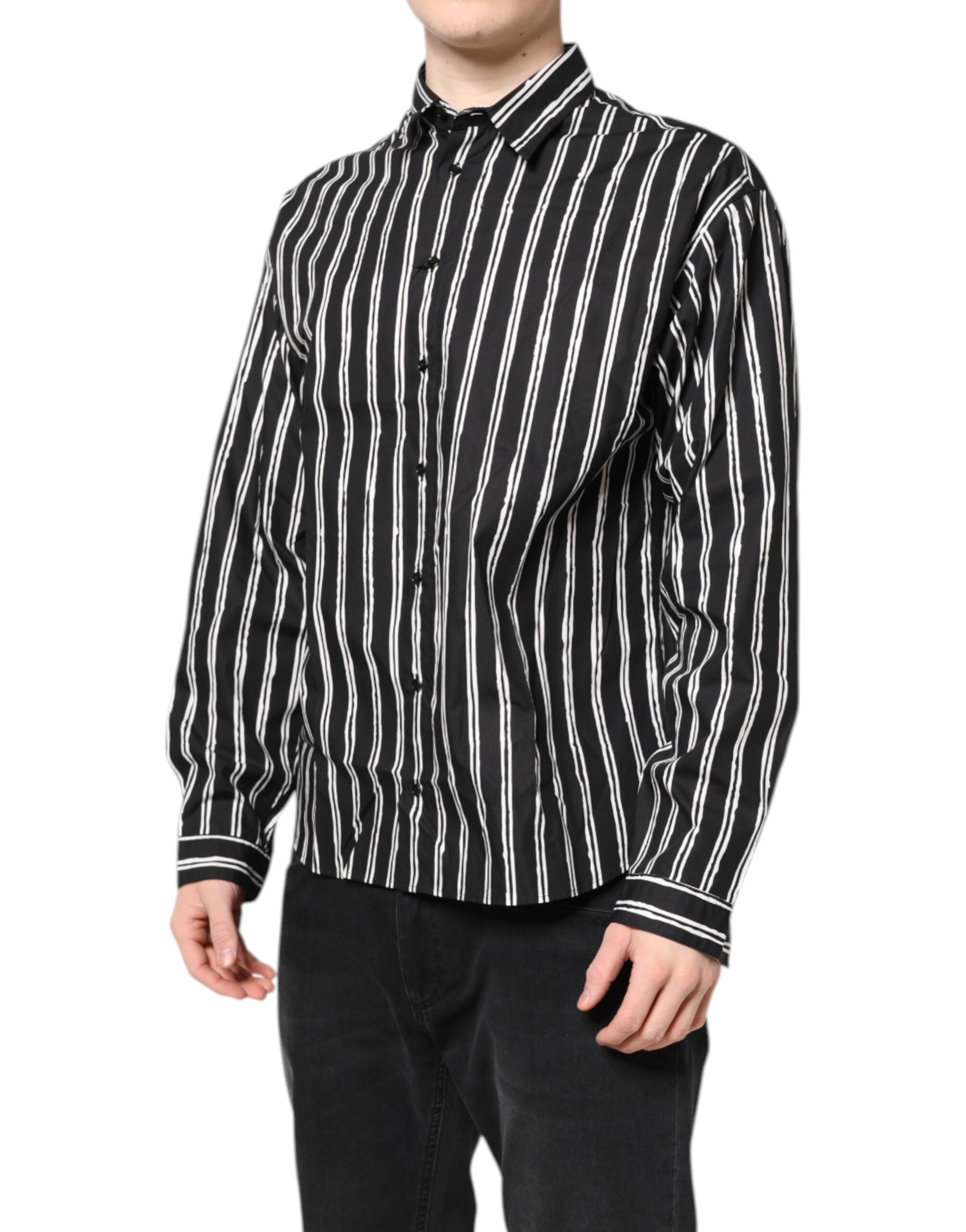 Dolce & Gabbana Black White Striped Cotton Dress Shirt - ACCEXO