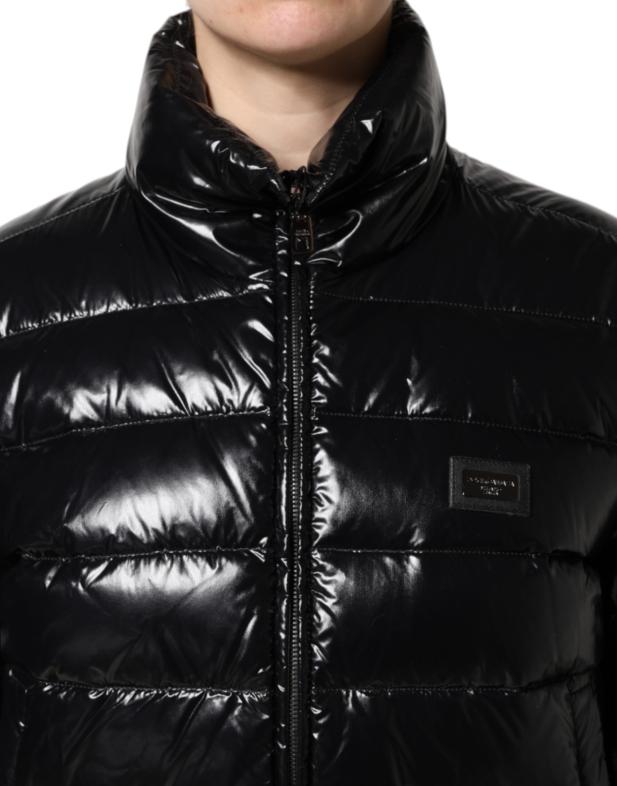 Dolce & Gabbana Black Logo Plaque Full Zip Puffer Jacket - ACCEXO