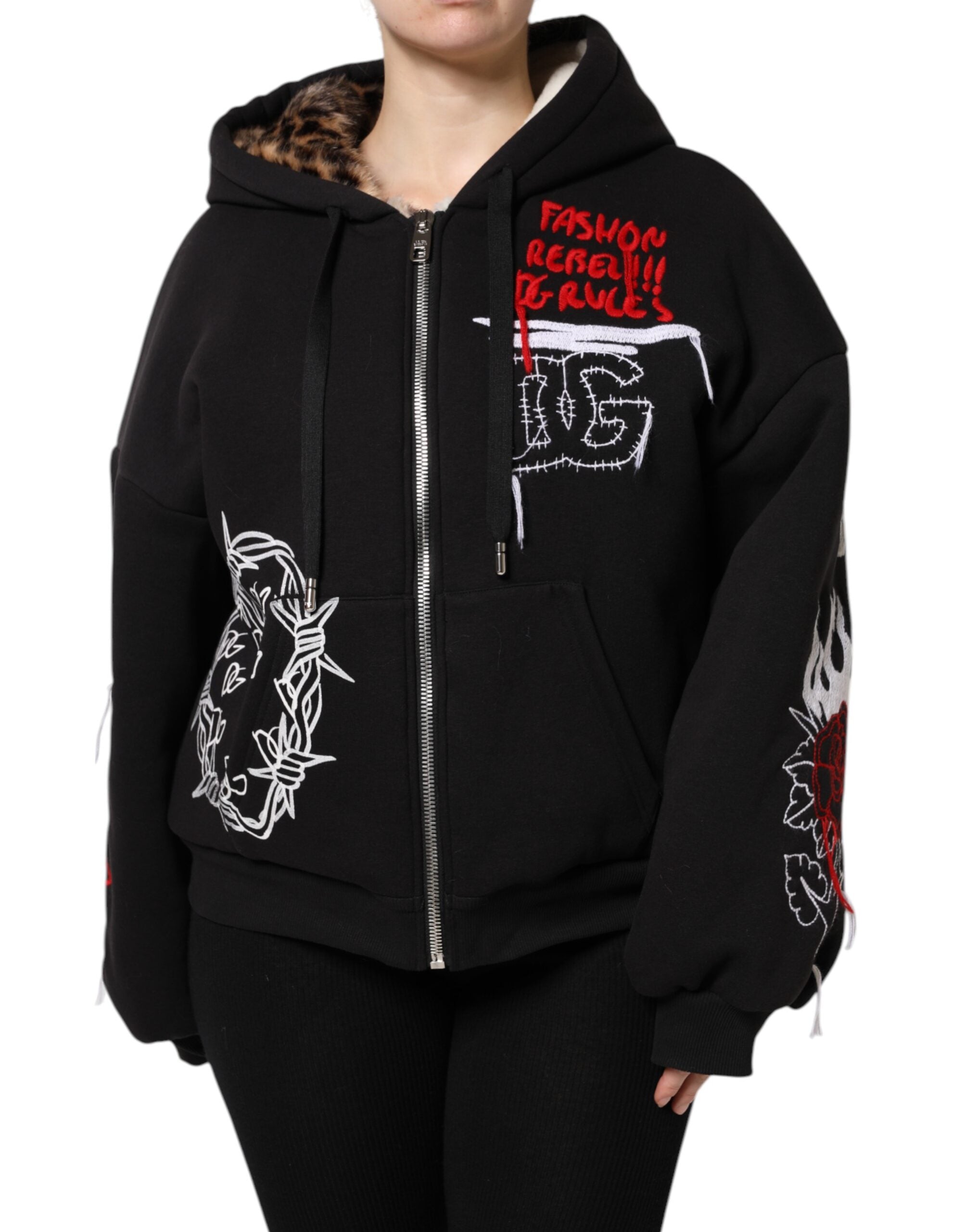 Dolce & Gabbana Black Embroidered Full Zip Hooded Jacket - ACCEXO