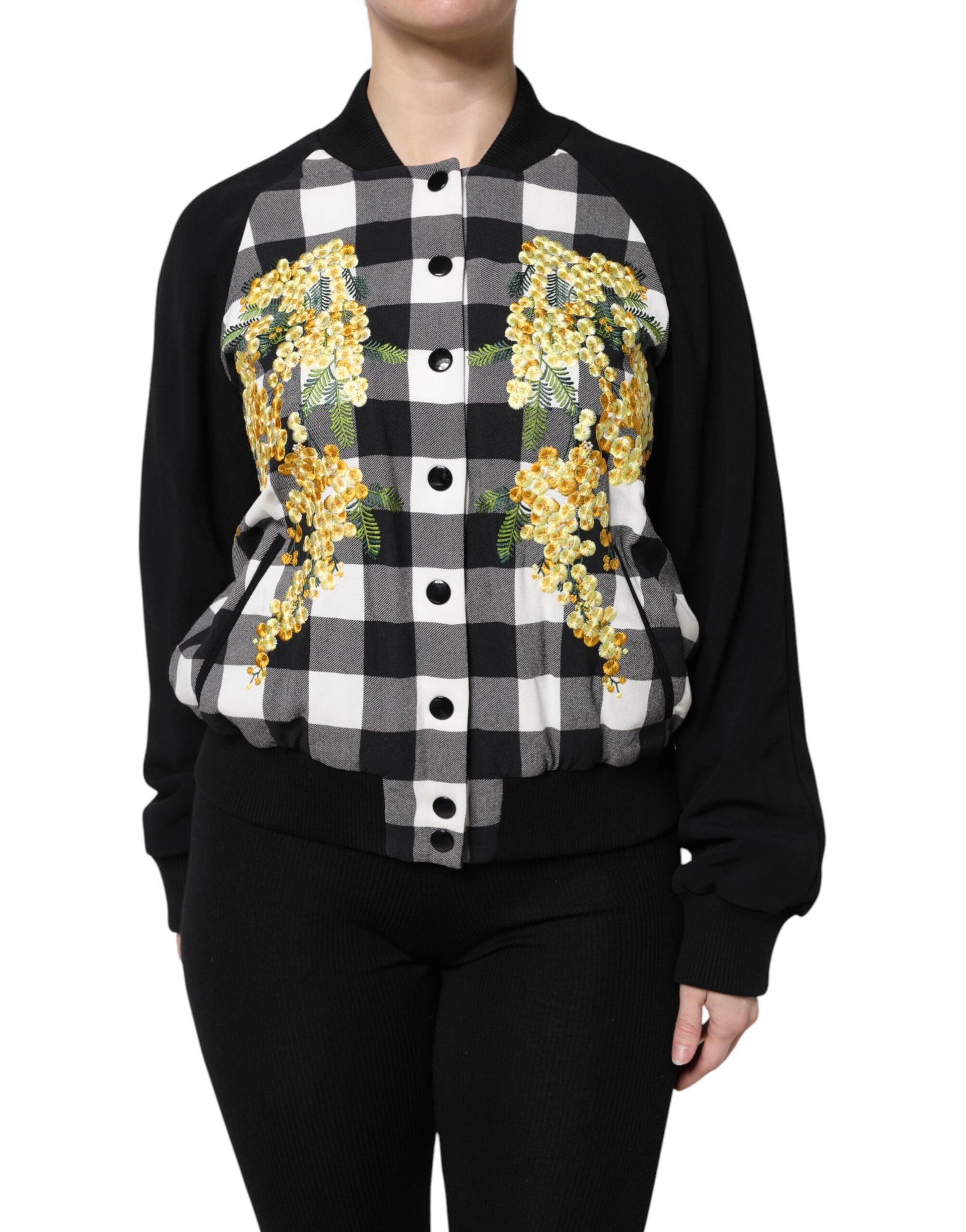 Dolce & Gabbana Black White Check Floral Button Down Jacket - ACCEXO