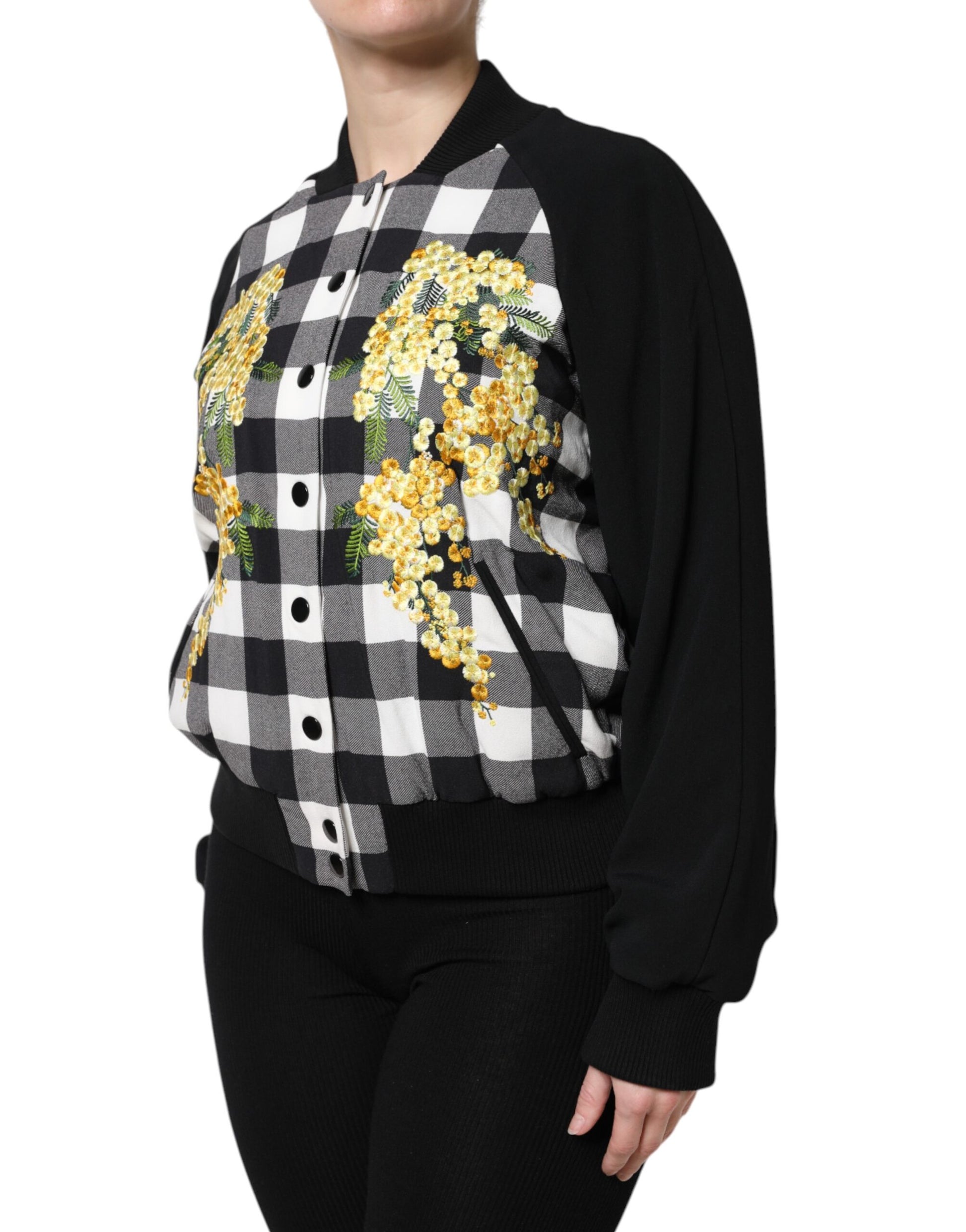 Dolce & Gabbana Black White Check Floral Button Down Jacket - ACCEXO