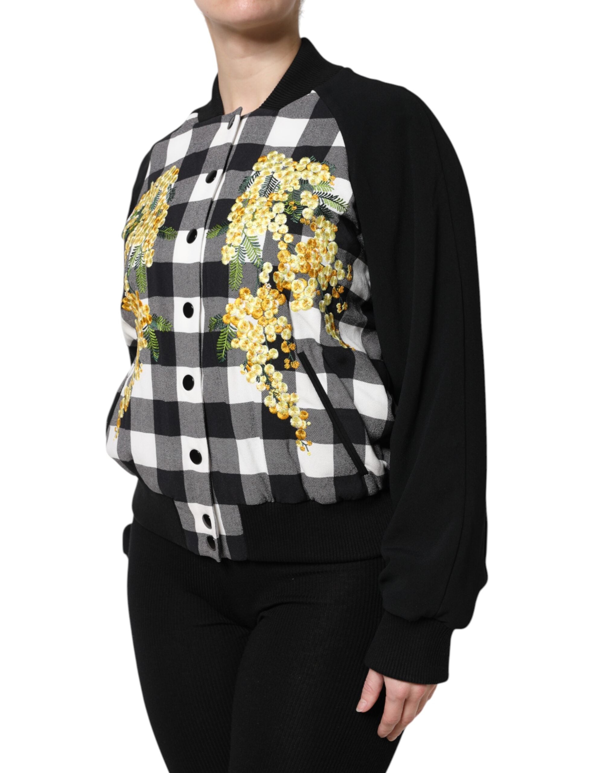 Dolce & Gabbana Black White Check Floral Button Down Jacket - ACCEXO