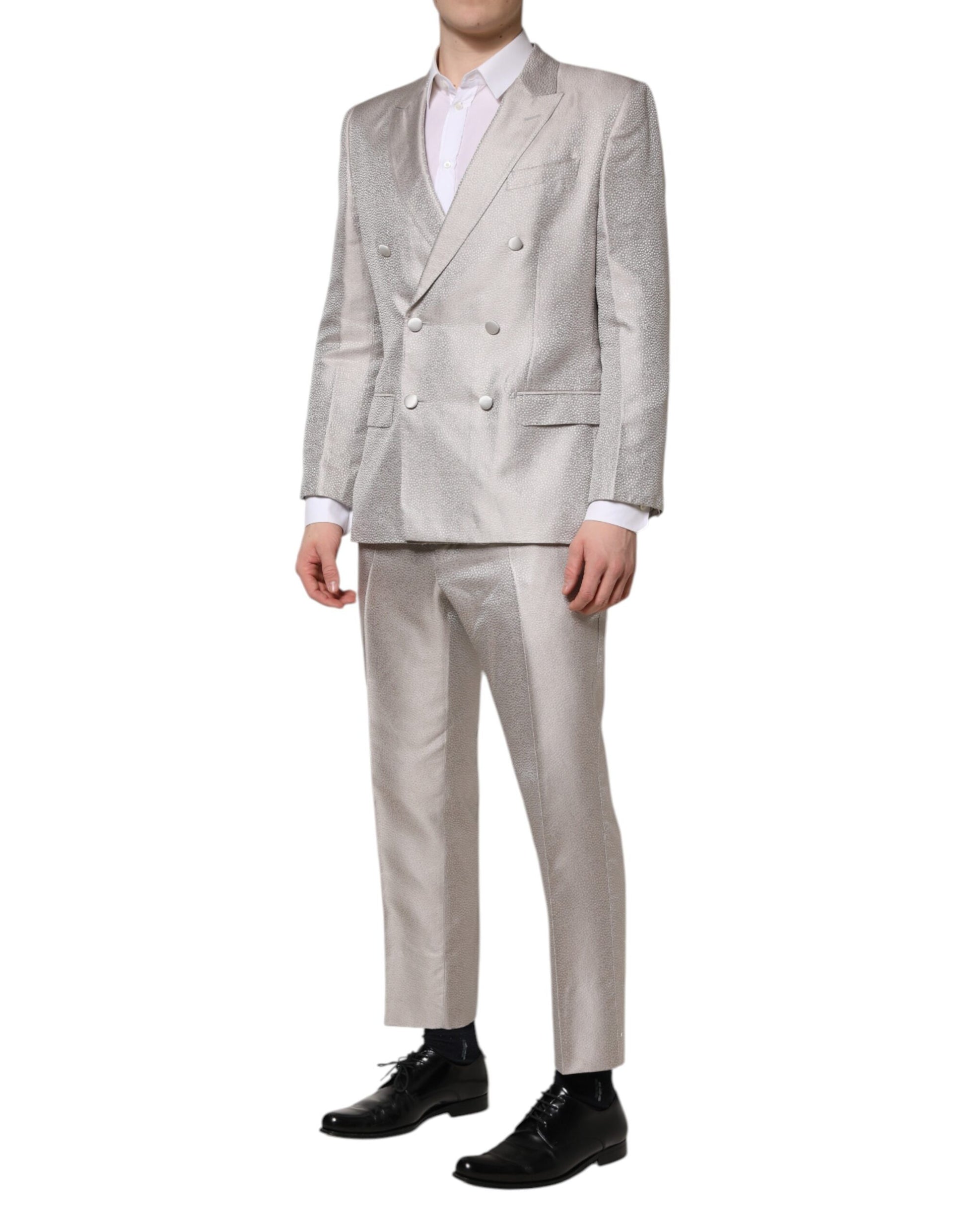 Dolce & Gabbana Light Gray Jacquard Silk Dotted 2 Piece Suit - ACCEXO