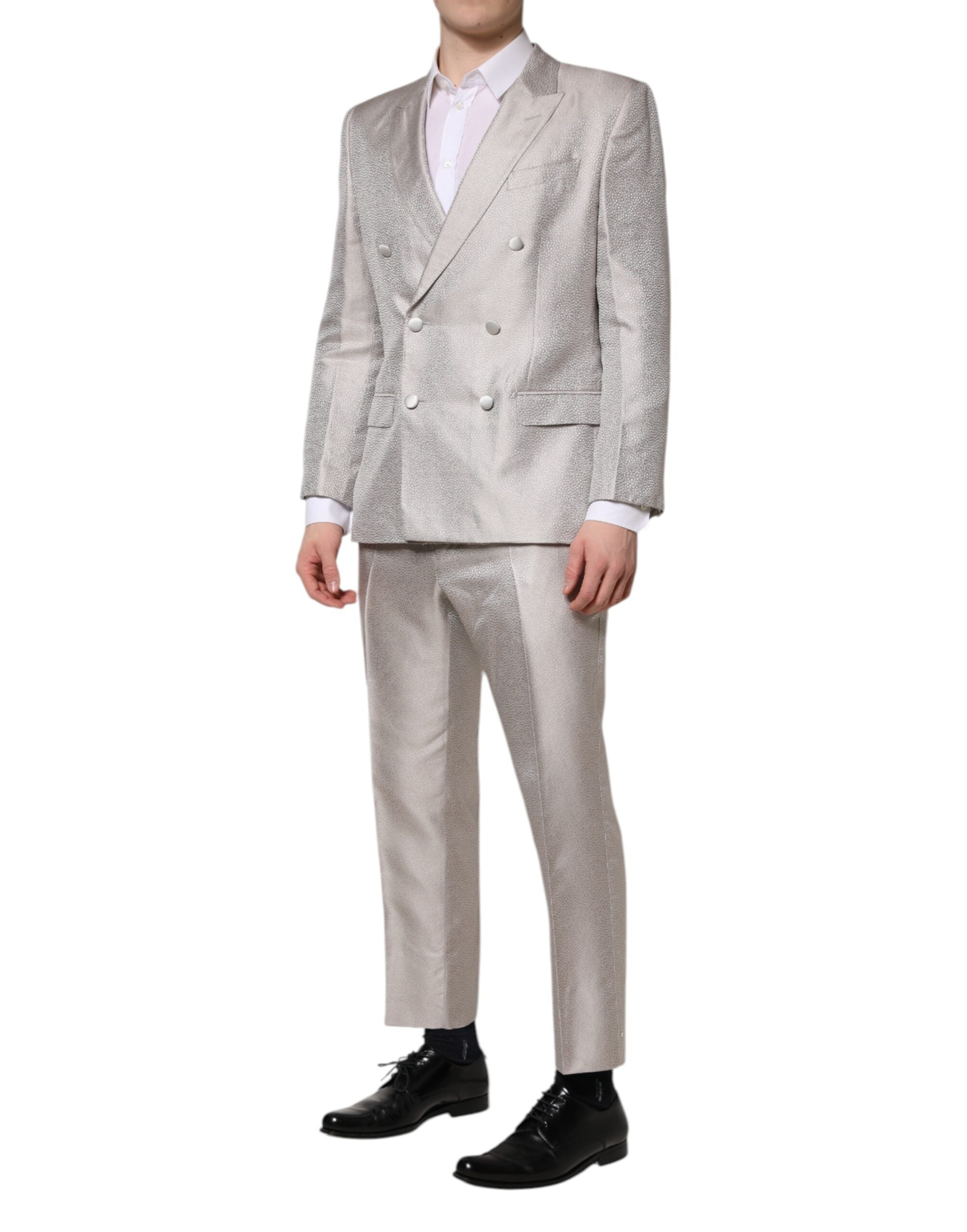 Dolce & Gabbana Light Gray Jacquard Silk Dotted 2 Piece Suit - ACCEXO