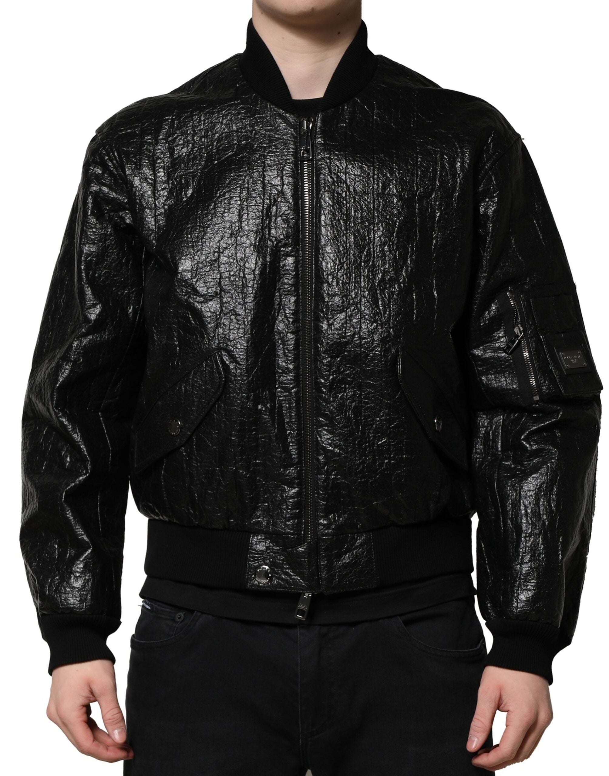 Dolce & Gabbana Black Logo Plaque Bomber Full Zipper Jacket - ACCEXO