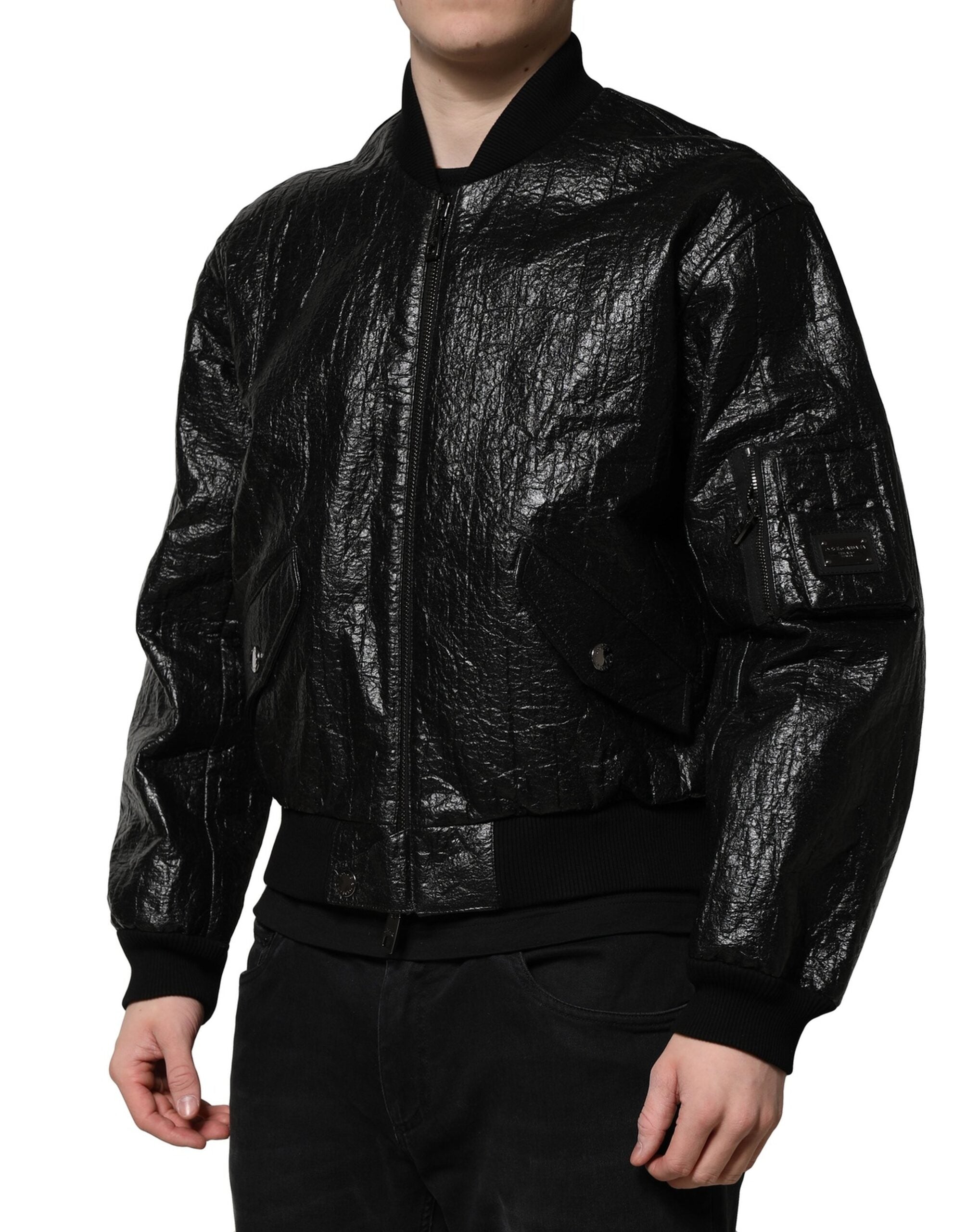 Dolce & Gabbana Black Logo Plaque Bomber Full Zipper Jacket - ACCEXO