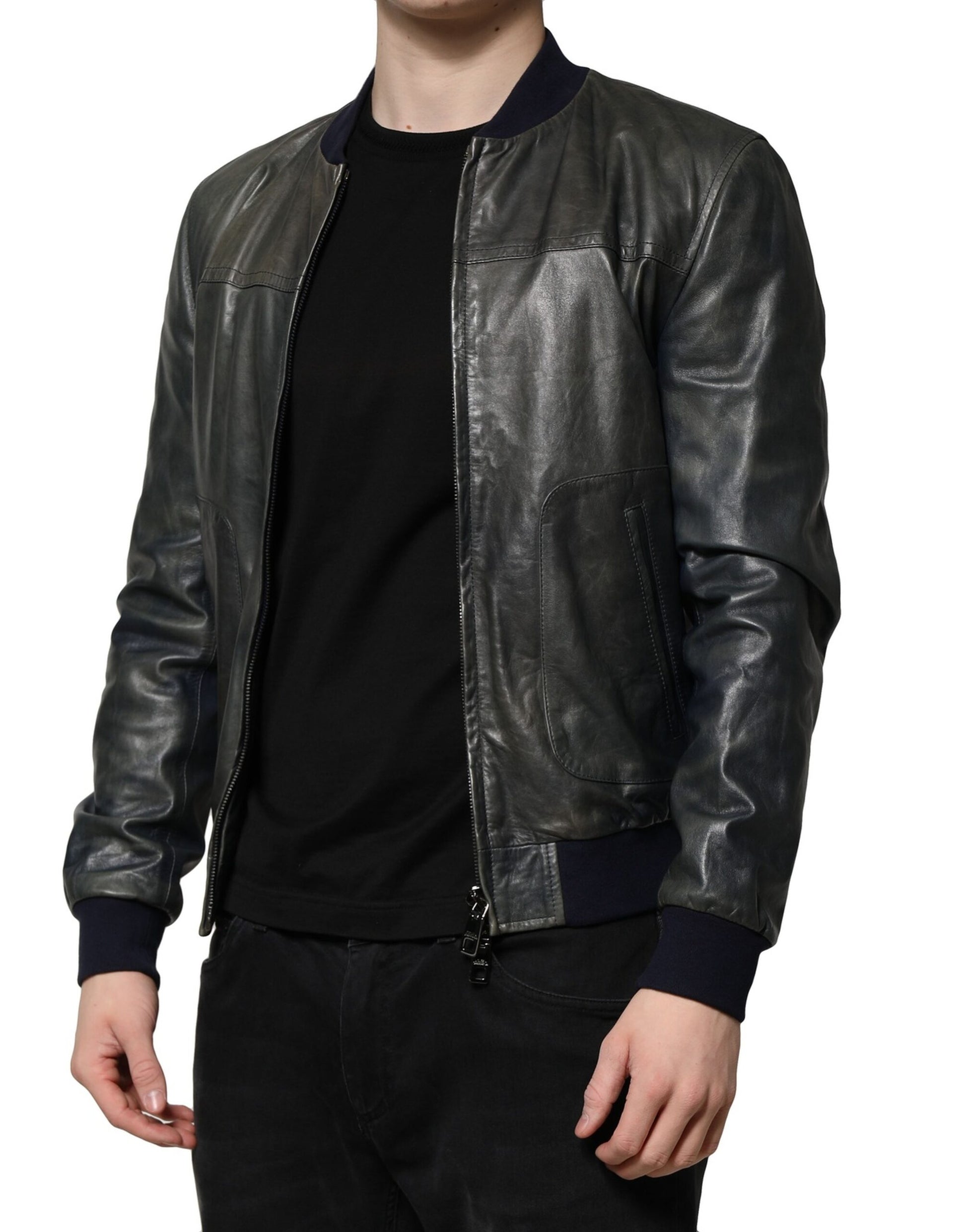 Dolce & Gabbana Black Lambskin Leather Biker Full Zip Jacket - ACCEXO