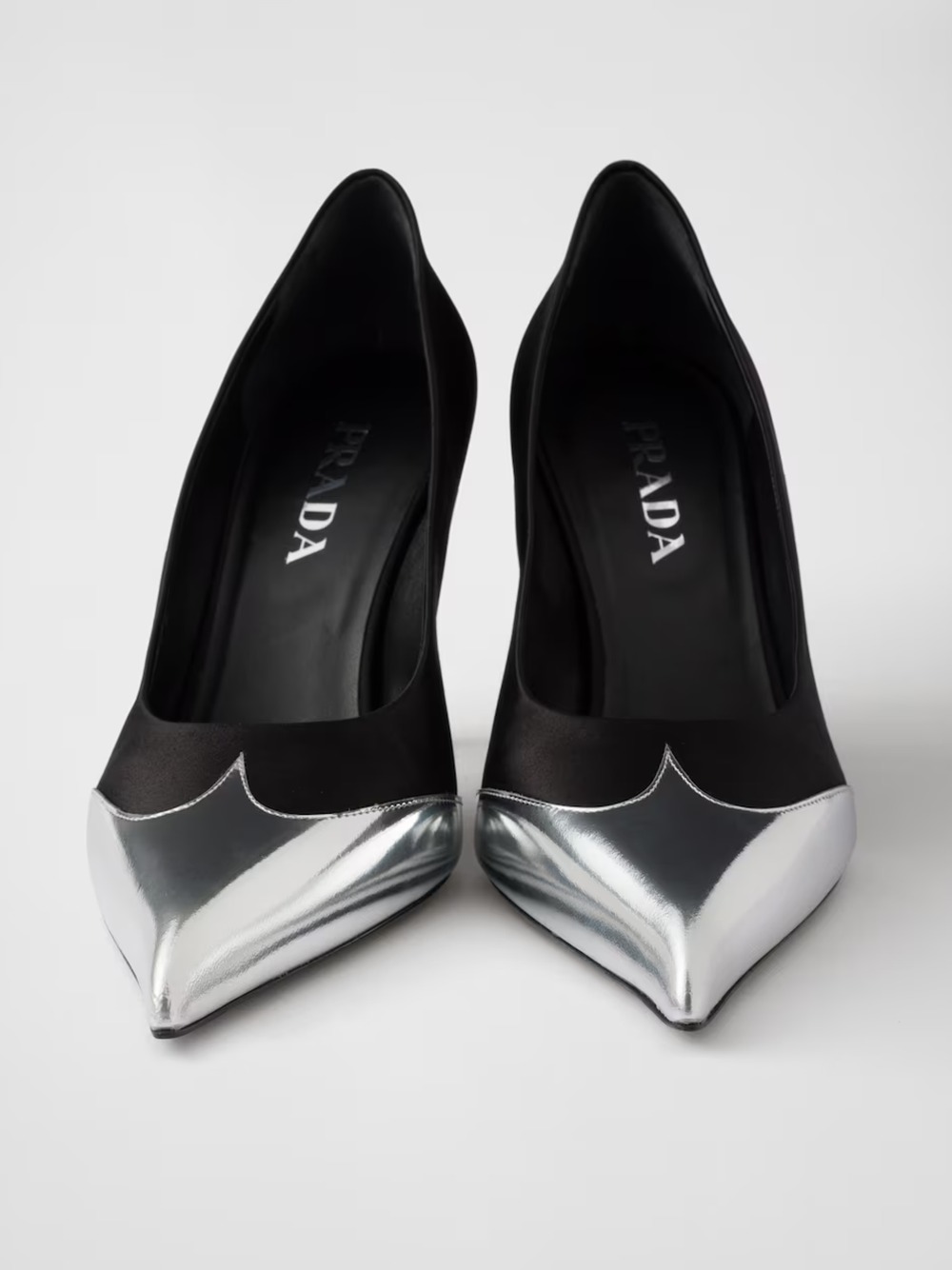 Prada Black Satin And Metallic Silver Leather Pumps - ACCEXO