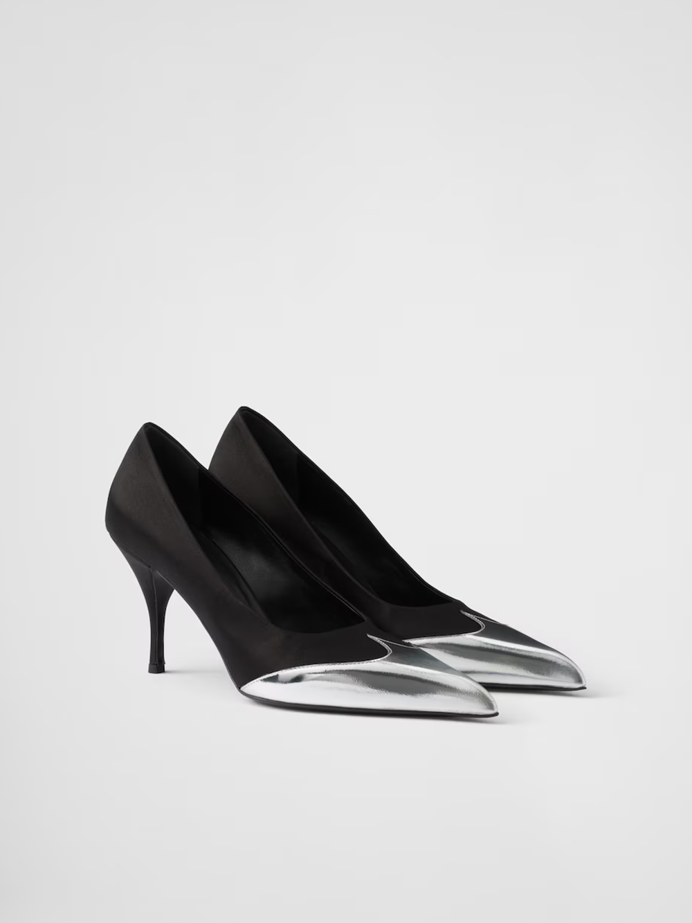 Prada Black Satin And Metallic Silver Leather Pumps - ACCEXO