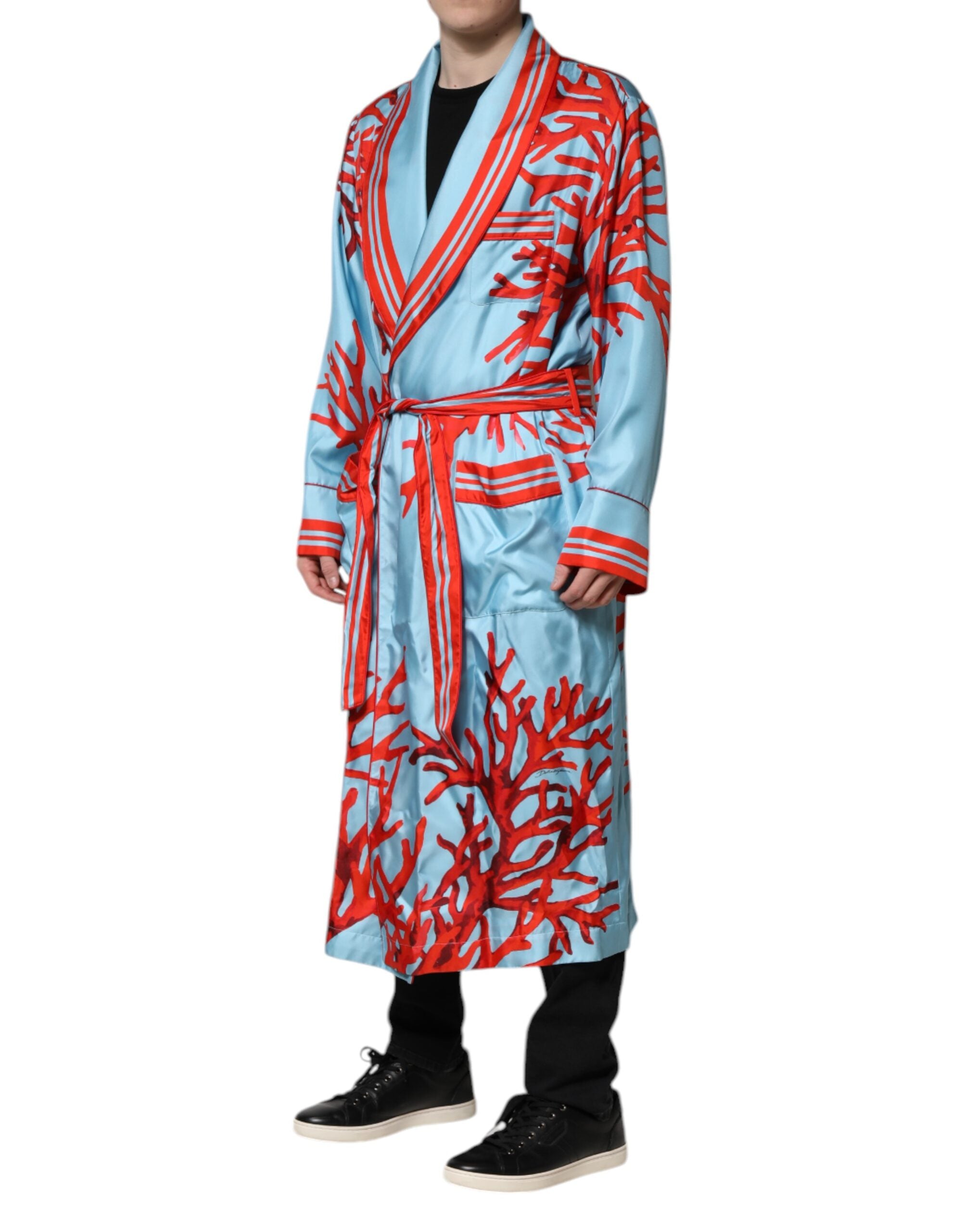 Dolce & Gabbana Blue Red Coral Print Wrap Robe Coat Jacket - ACCEXO