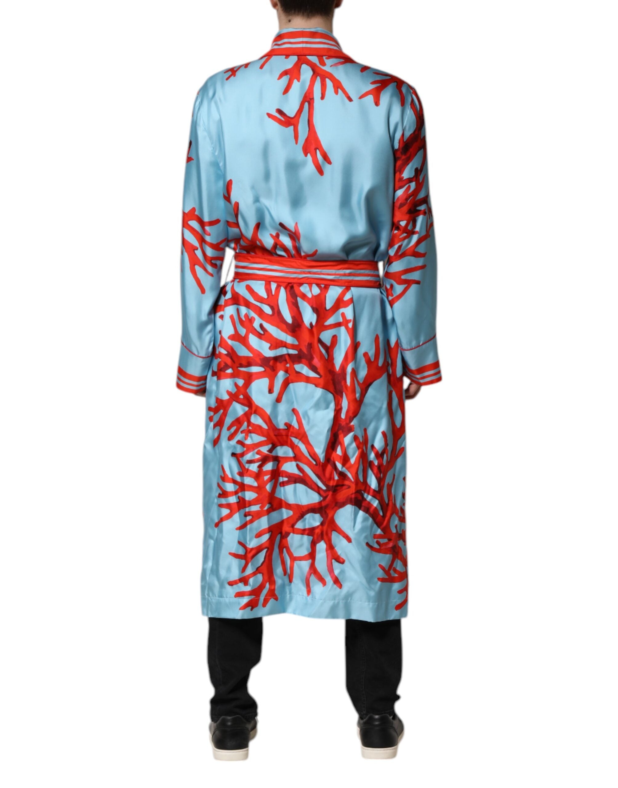Dolce & Gabbana Blue Red Coral Print Wrap Robe Coat Jacket - ACCEXO