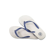 White flip-flops with blue straps on a white background