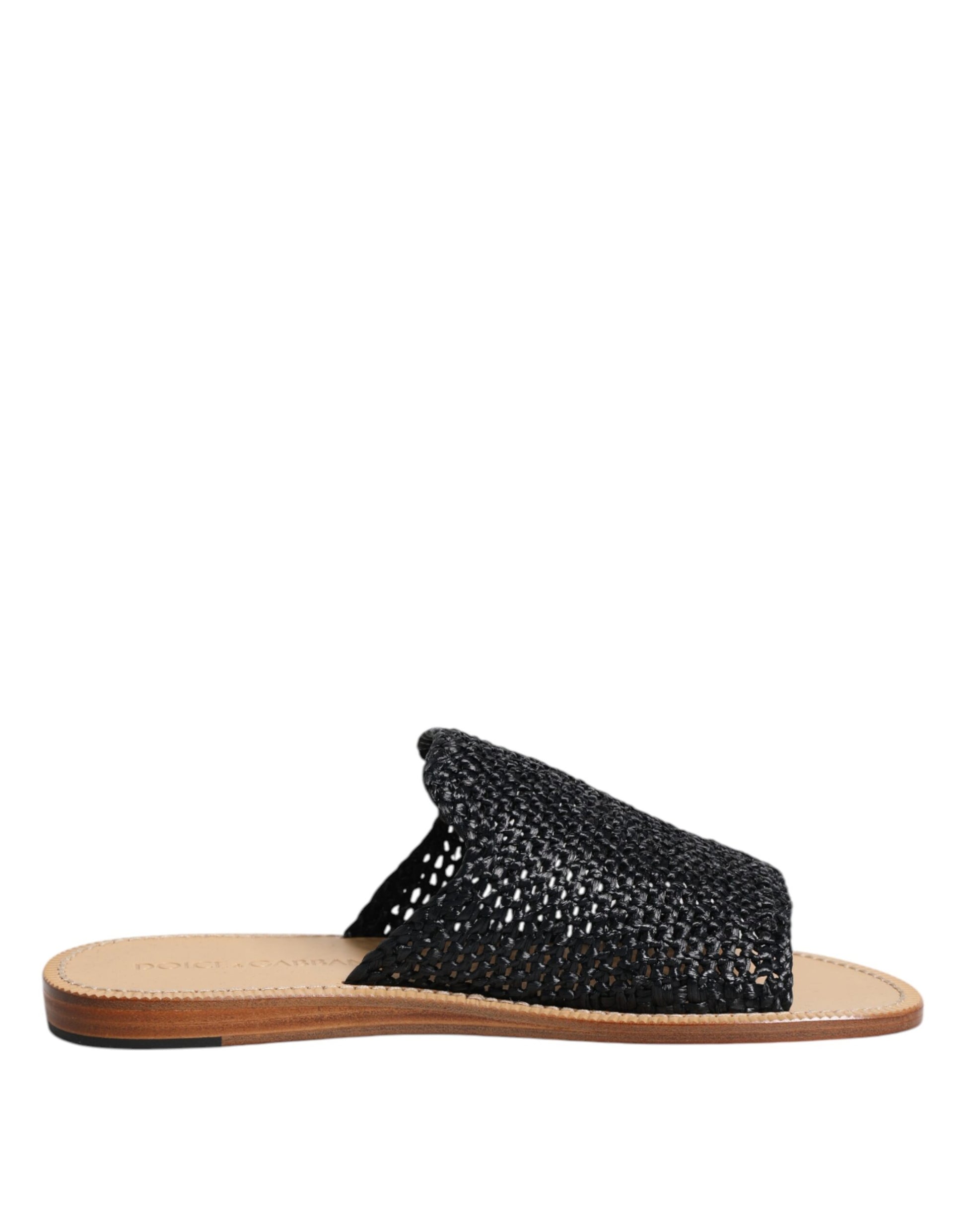 Dolce & Gabbana Black Monochrome Braided Raffia Slides Shoes - ACCEXO