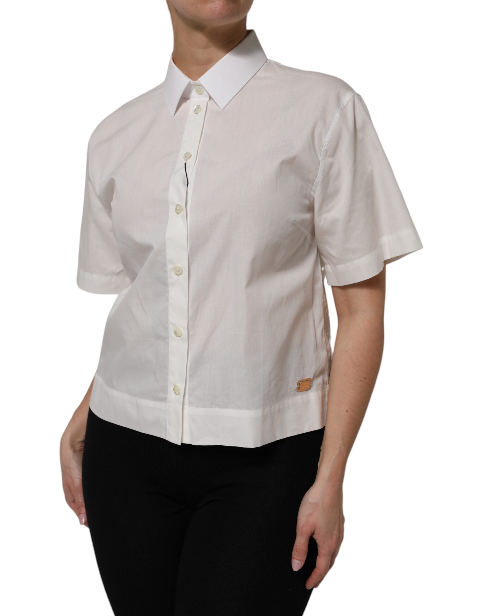Dolce & Gabbana White Cotton Short Sleeves Collared Top Shirt - ACCEXO