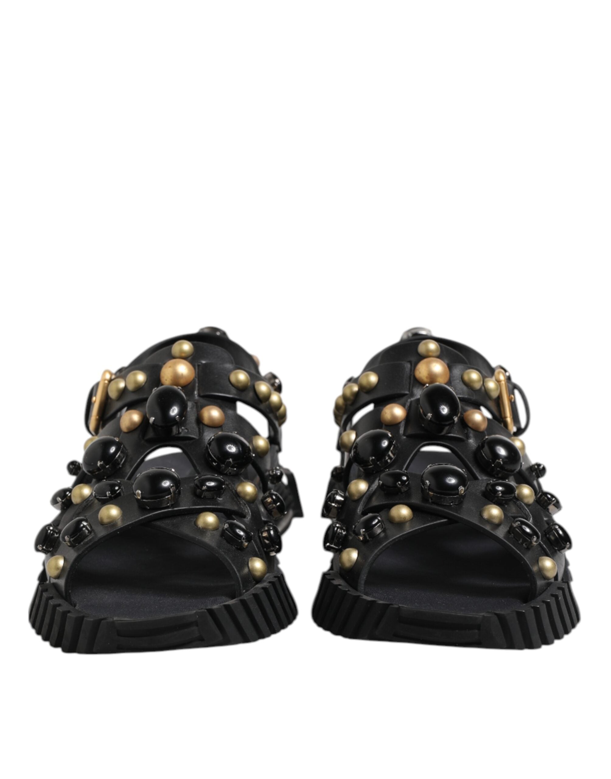 Dolce & Gabbana Black Leather Studded Ankle Strap Sandals Shoes - ACCEXO