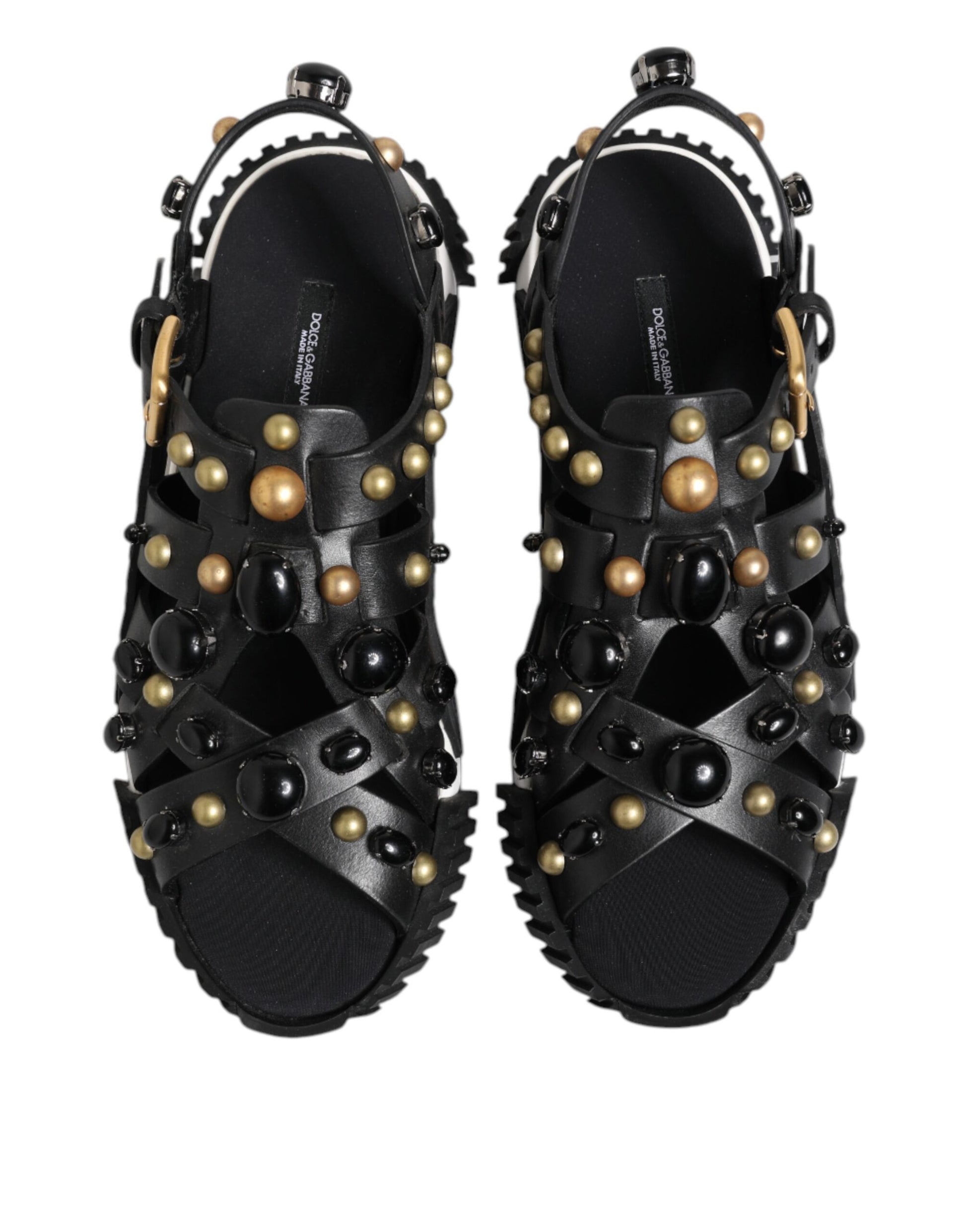 Dolce & Gabbana Black Leather Studded Ankle Strap Sandals Shoes - ACCEXO