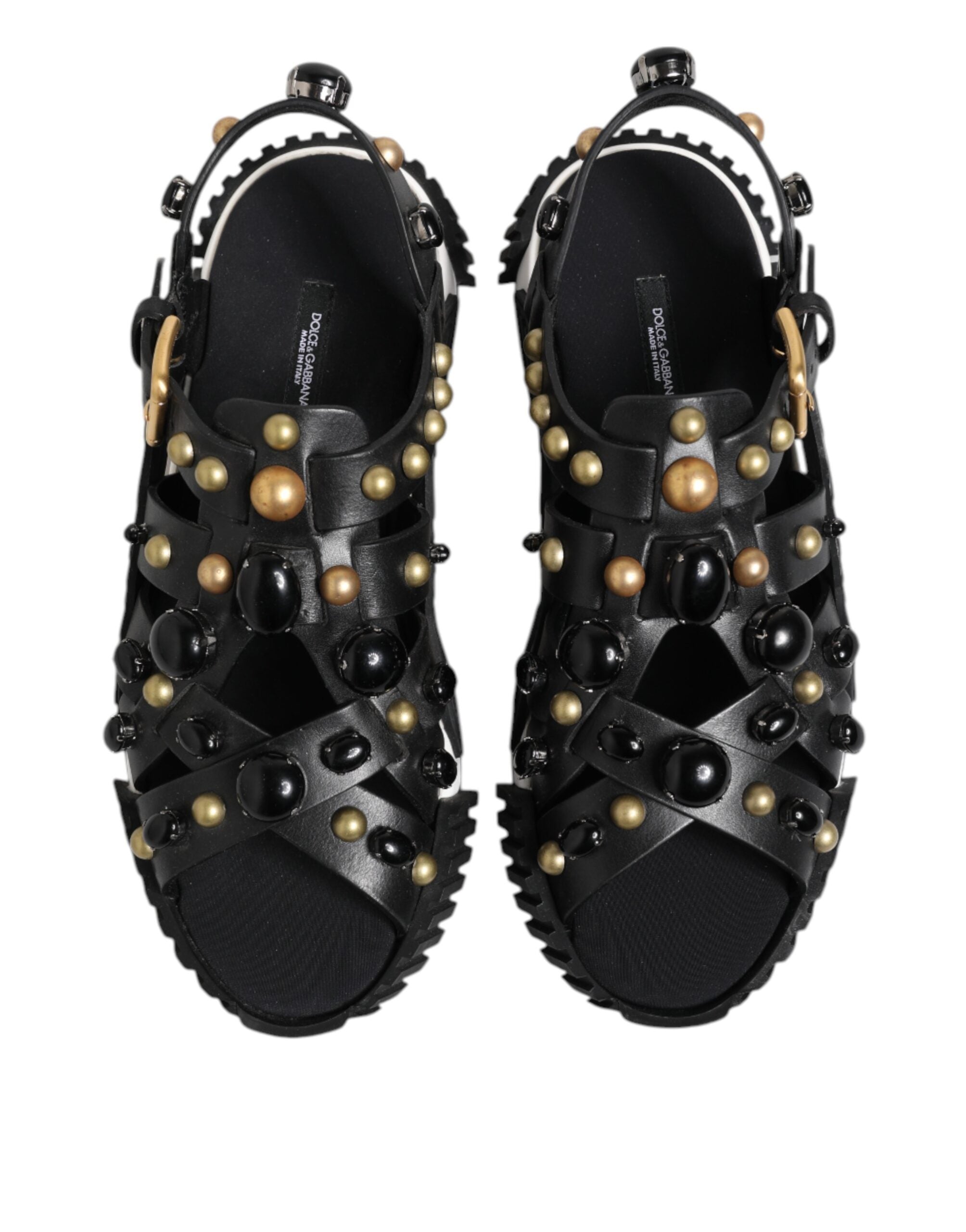 Dolce & Gabbana Black Leather Studded Ankle Strap Sandals Shoes - ACCEXO