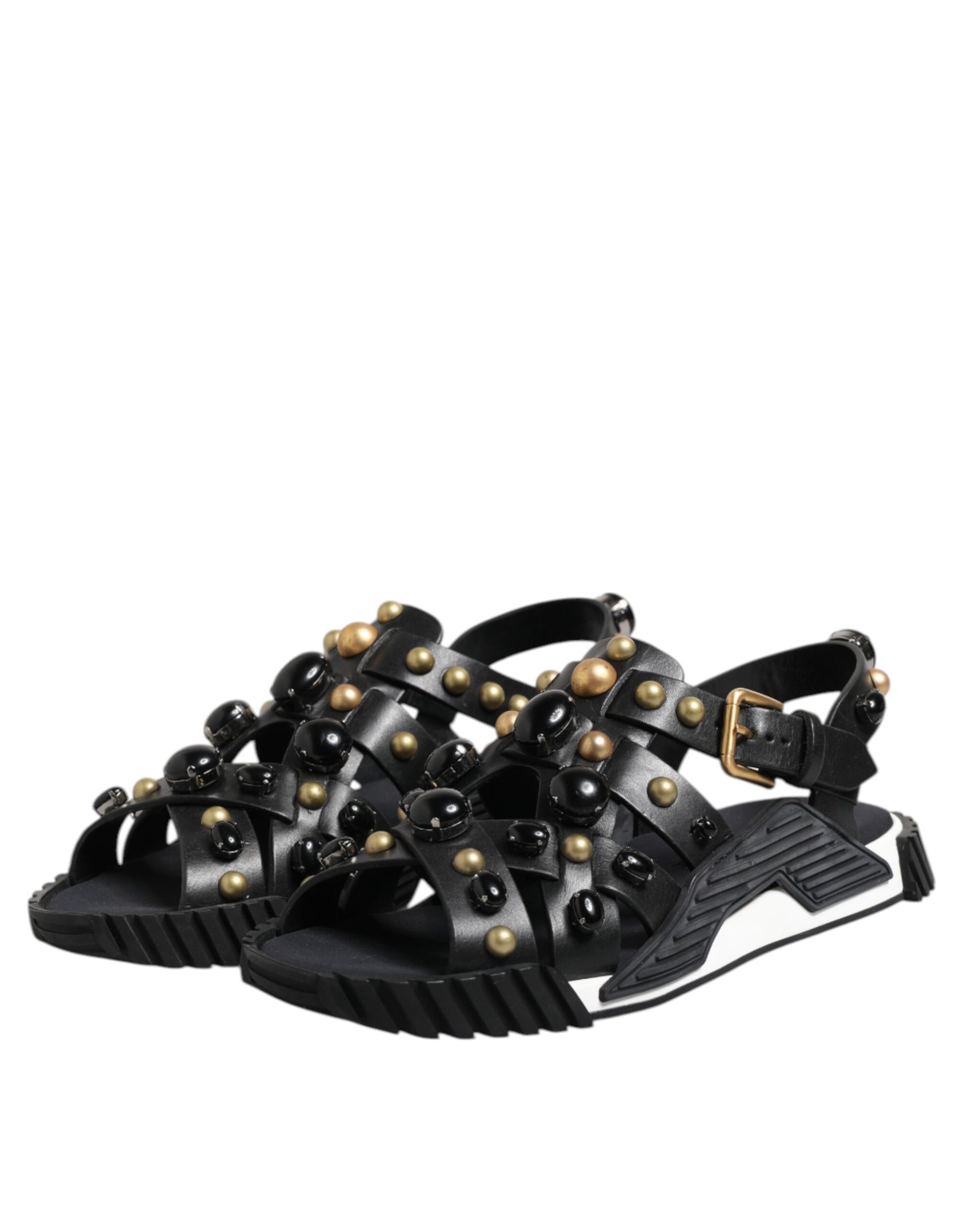 Dolce & Gabbana Black Leather Studded Ankle Strap Sandals Shoes - ACCEXO