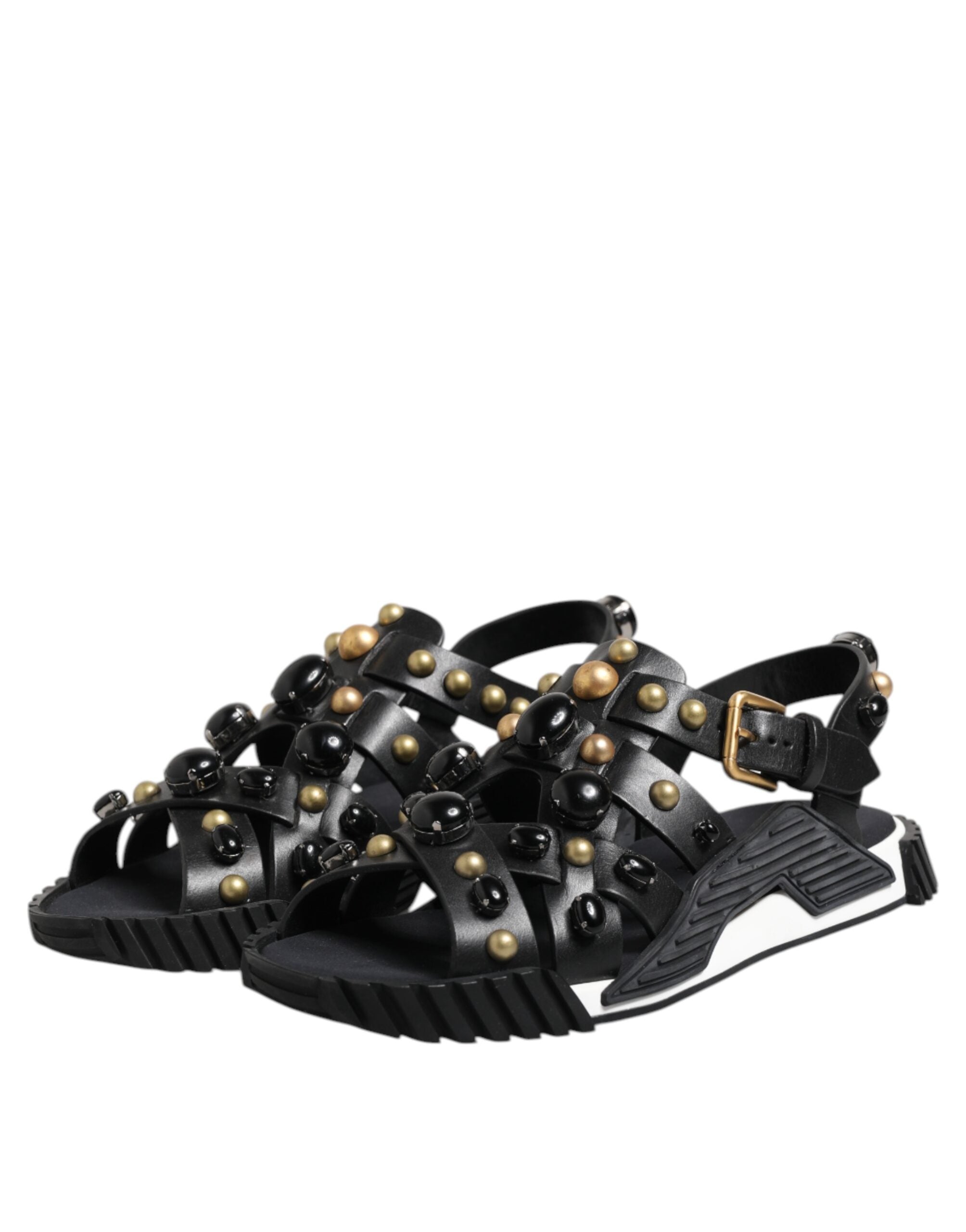 Dolce & Gabbana Black Leather Studded Ankle Strap Sandals Shoes - ACCEXO