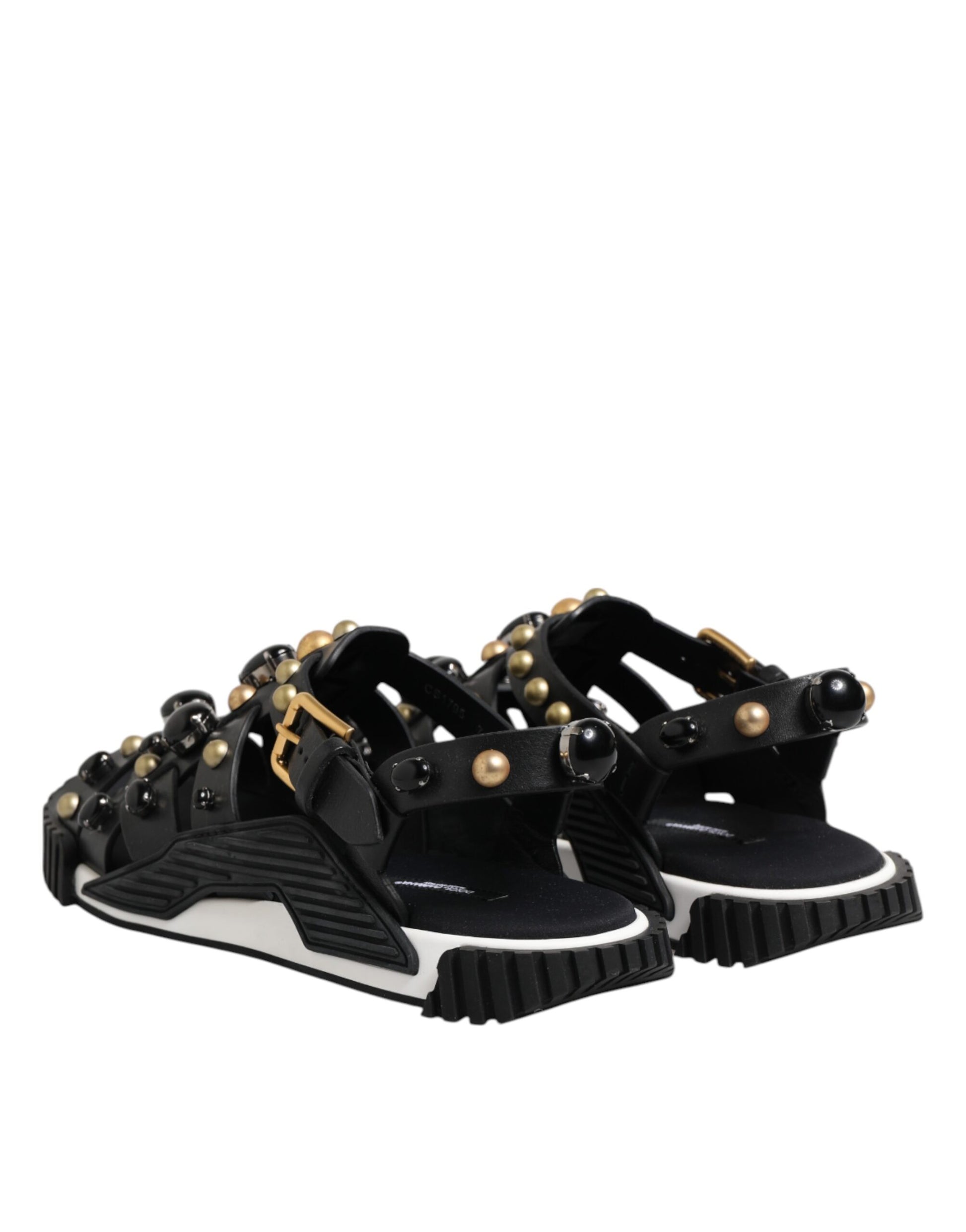 Dolce & Gabbana Black Leather Studded Ankle Strap Sandals Shoes - ACCEXO