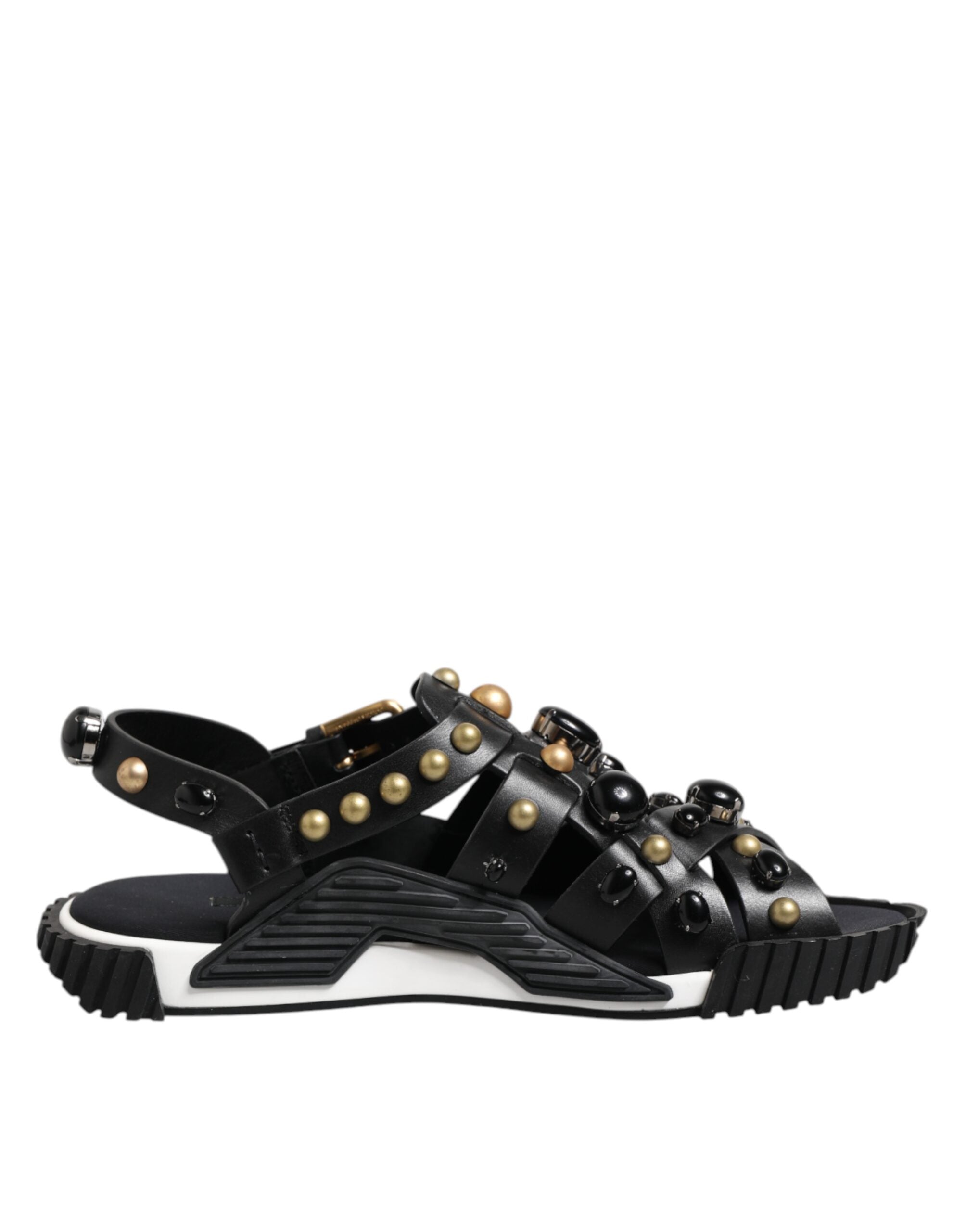 Dolce & Gabbana Black Leather Studded Ankle Strap Sandals Shoes - ACCEXO