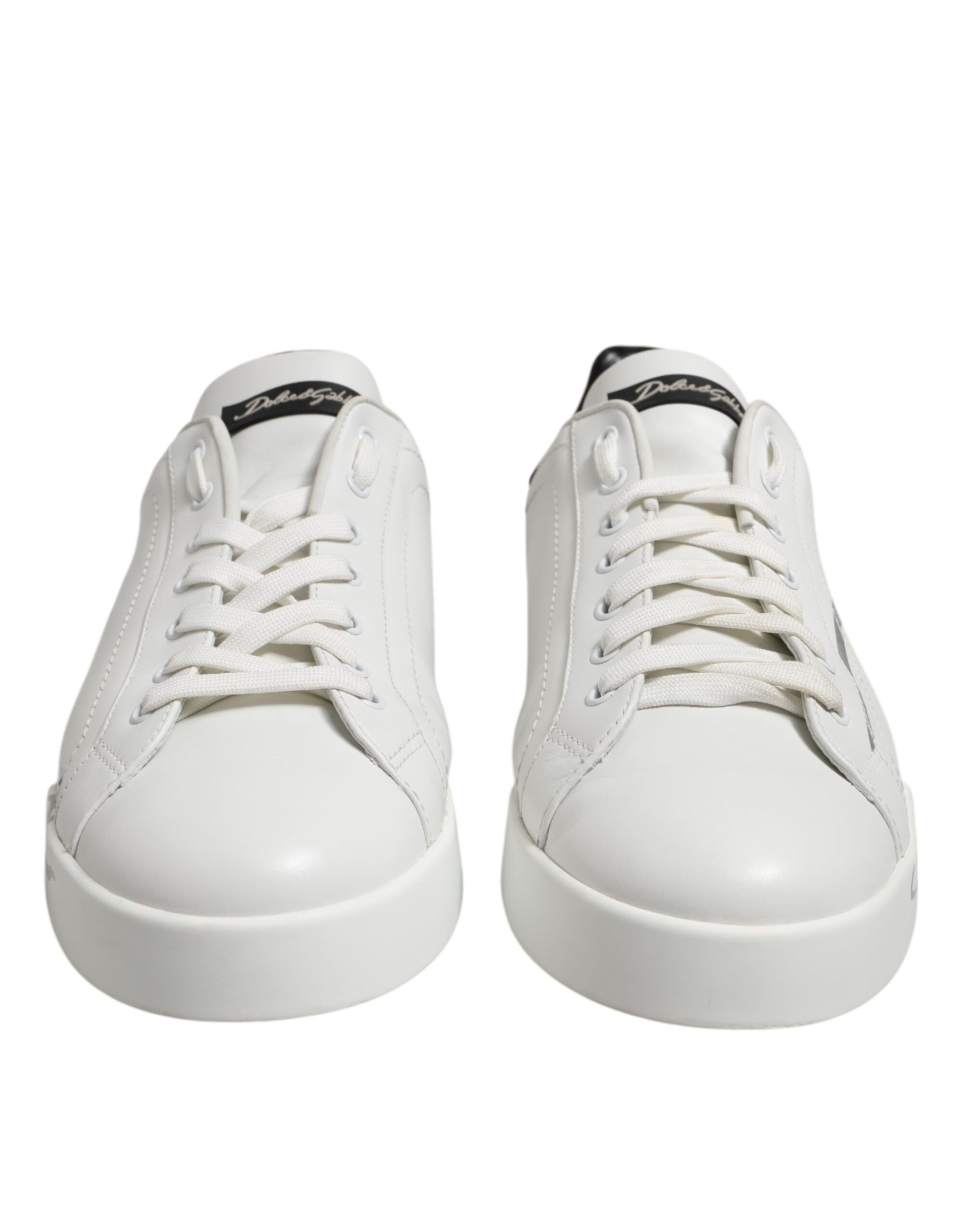 Dolce & Gabbana White Black Logo Low Top Leather Sneakers Shoes - ACCEXO