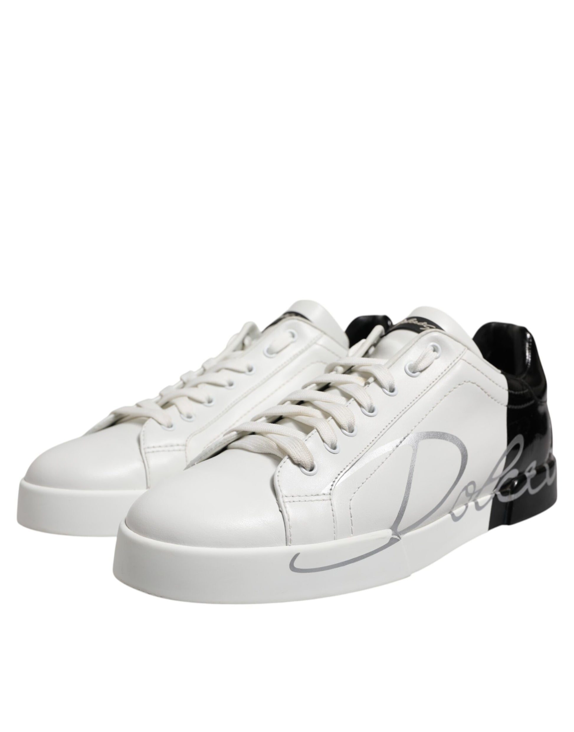Dolce & Gabbana White Black Logo Low Top Leather Sneakers Shoes - ACCEXO