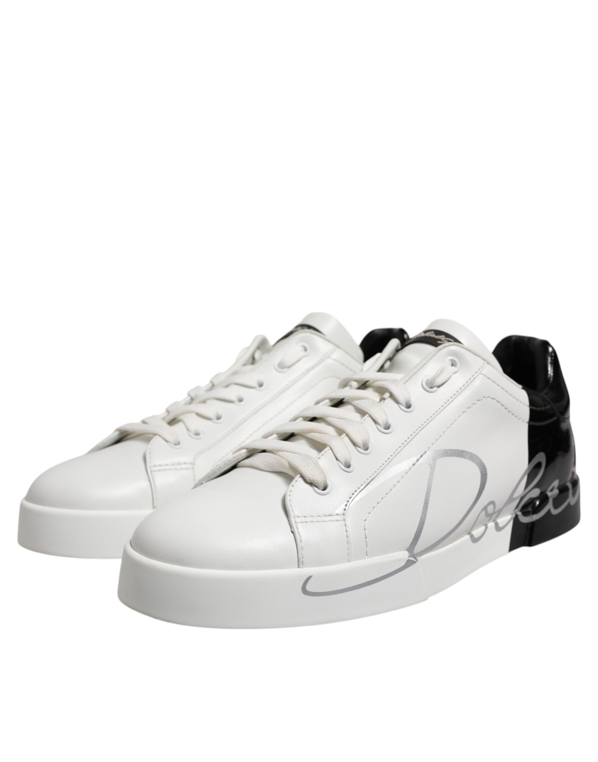 Dolce & Gabbana White Black Logo Low Top Leather Sneakers Shoes - ACCEXO