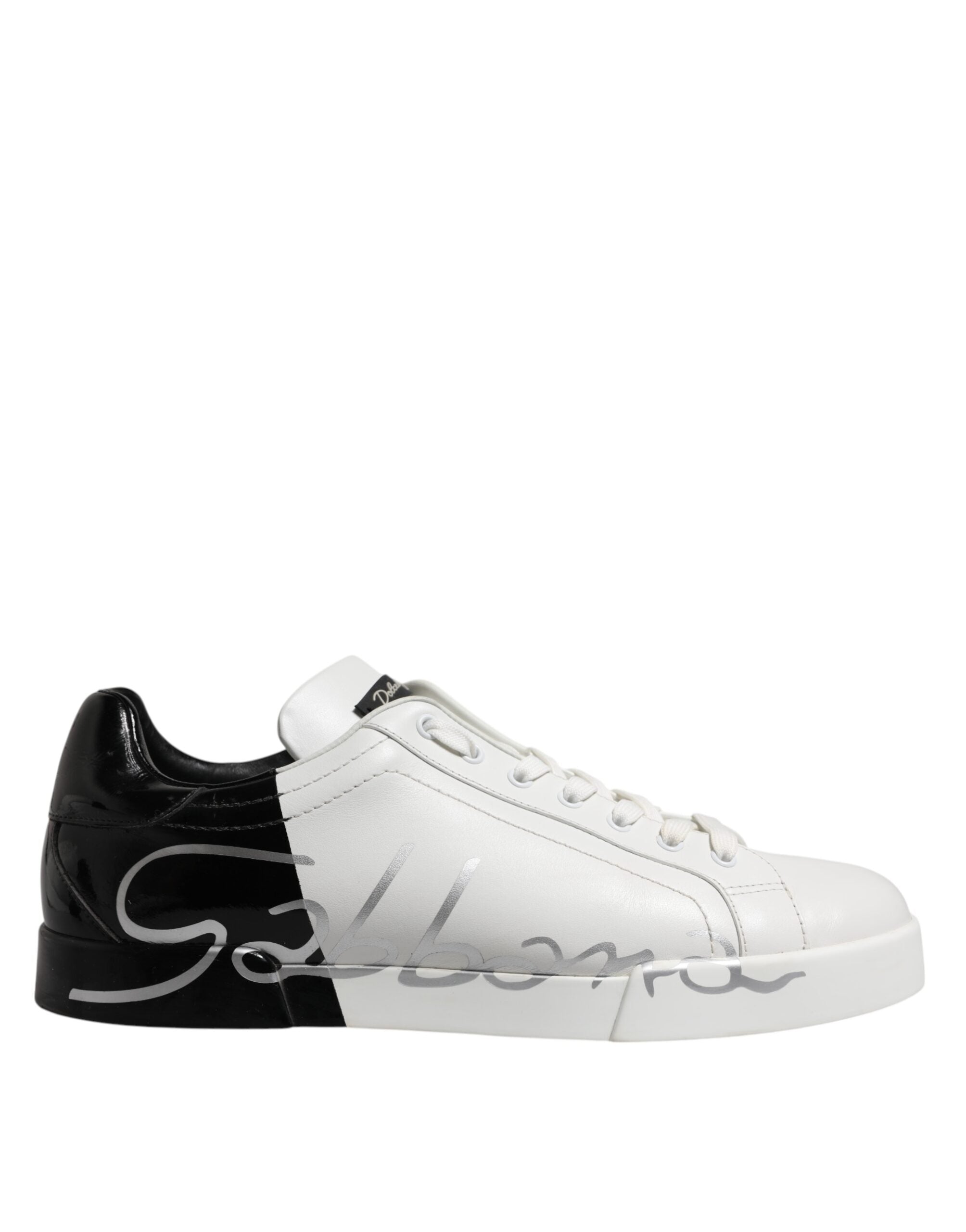 Dolce & Gabbana White Black Logo Low Top Leather Sneakers Shoes - ACCEXO