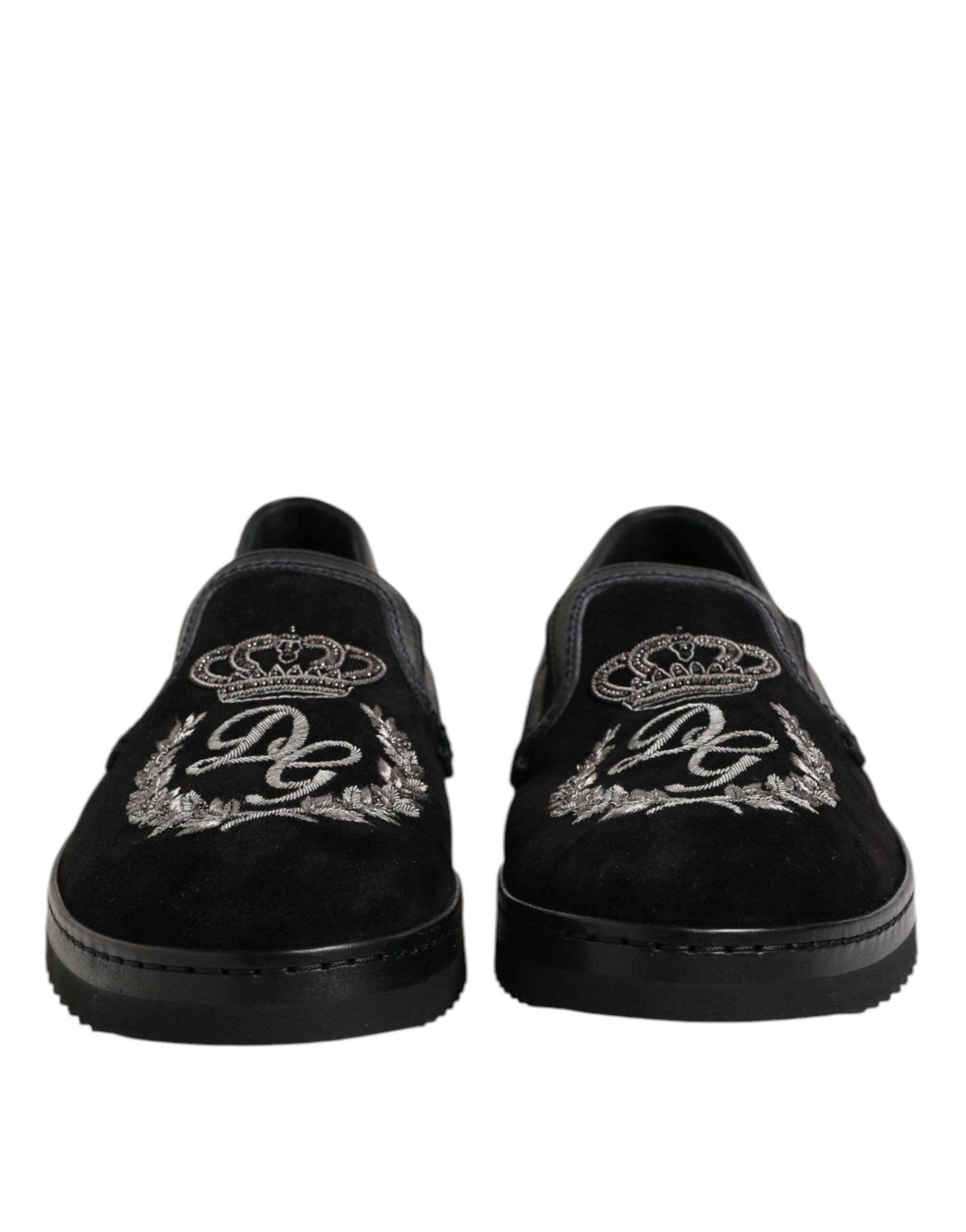 Dolce & Gabbana Black Embroidered Crown Loafers Shoes - ACCEXO