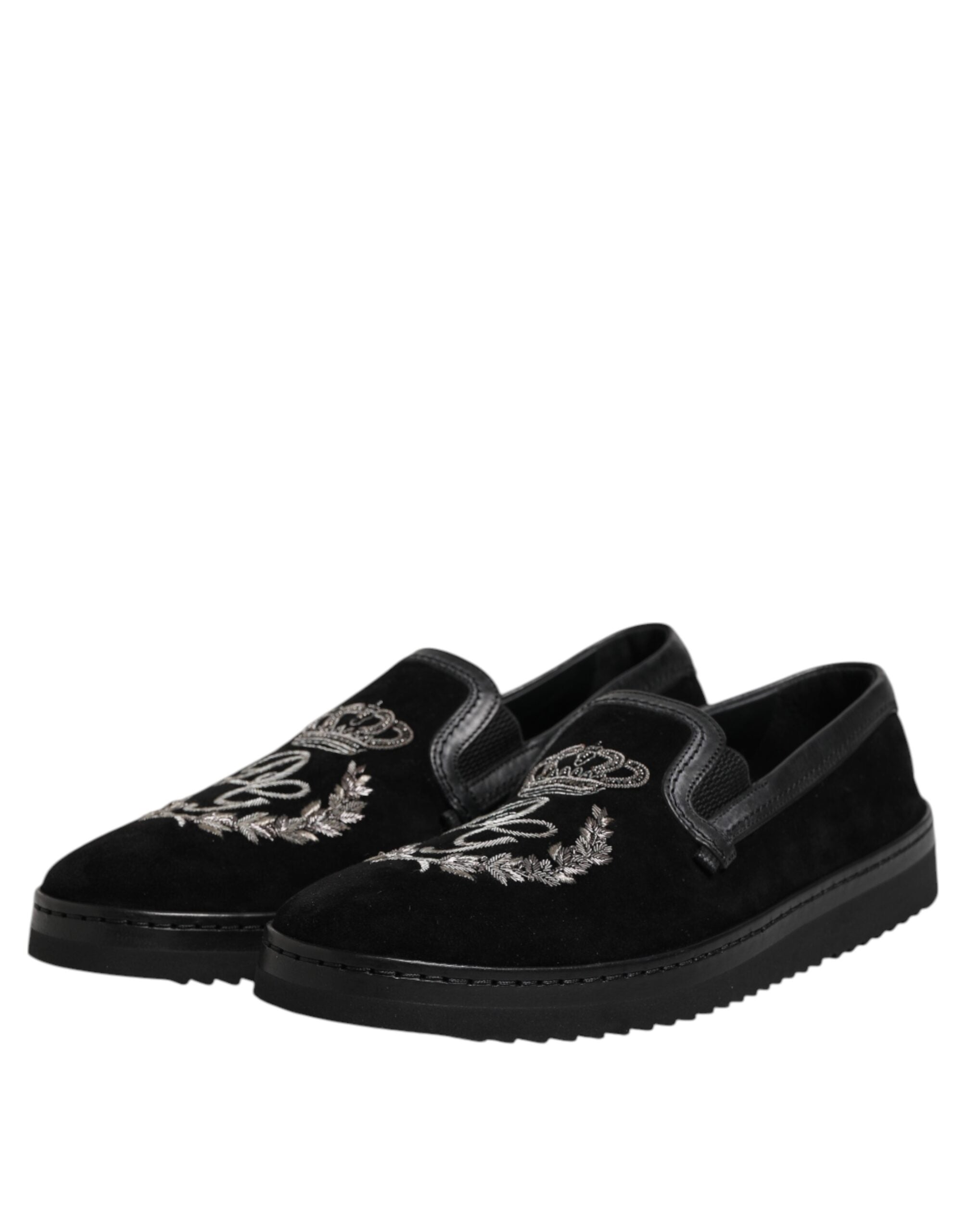 Dolce & Gabbana Black Embroidered Crown Loafers Shoes - ACCEXO