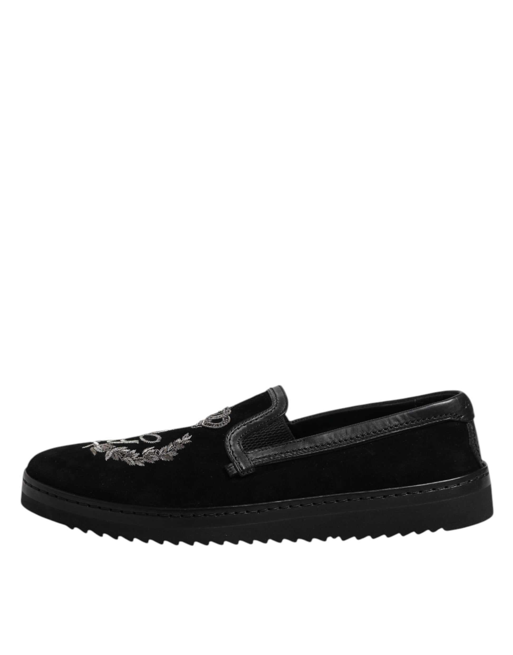 Dolce & Gabbana Black Embroidered Crown Loafers Shoes - ACCEXO