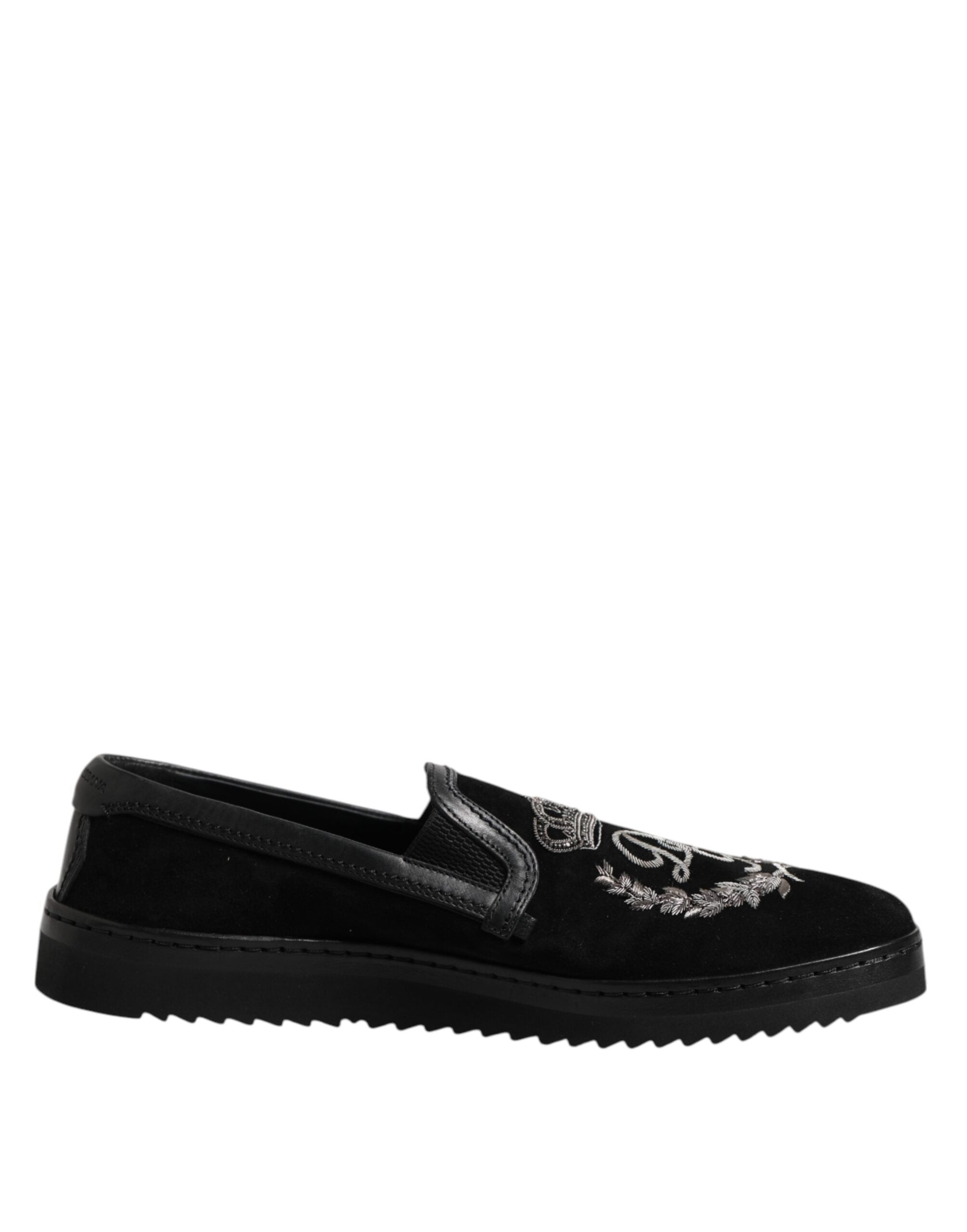 Dolce & Gabbana Black Embroidered Crown Loafers Shoes - ACCEXO