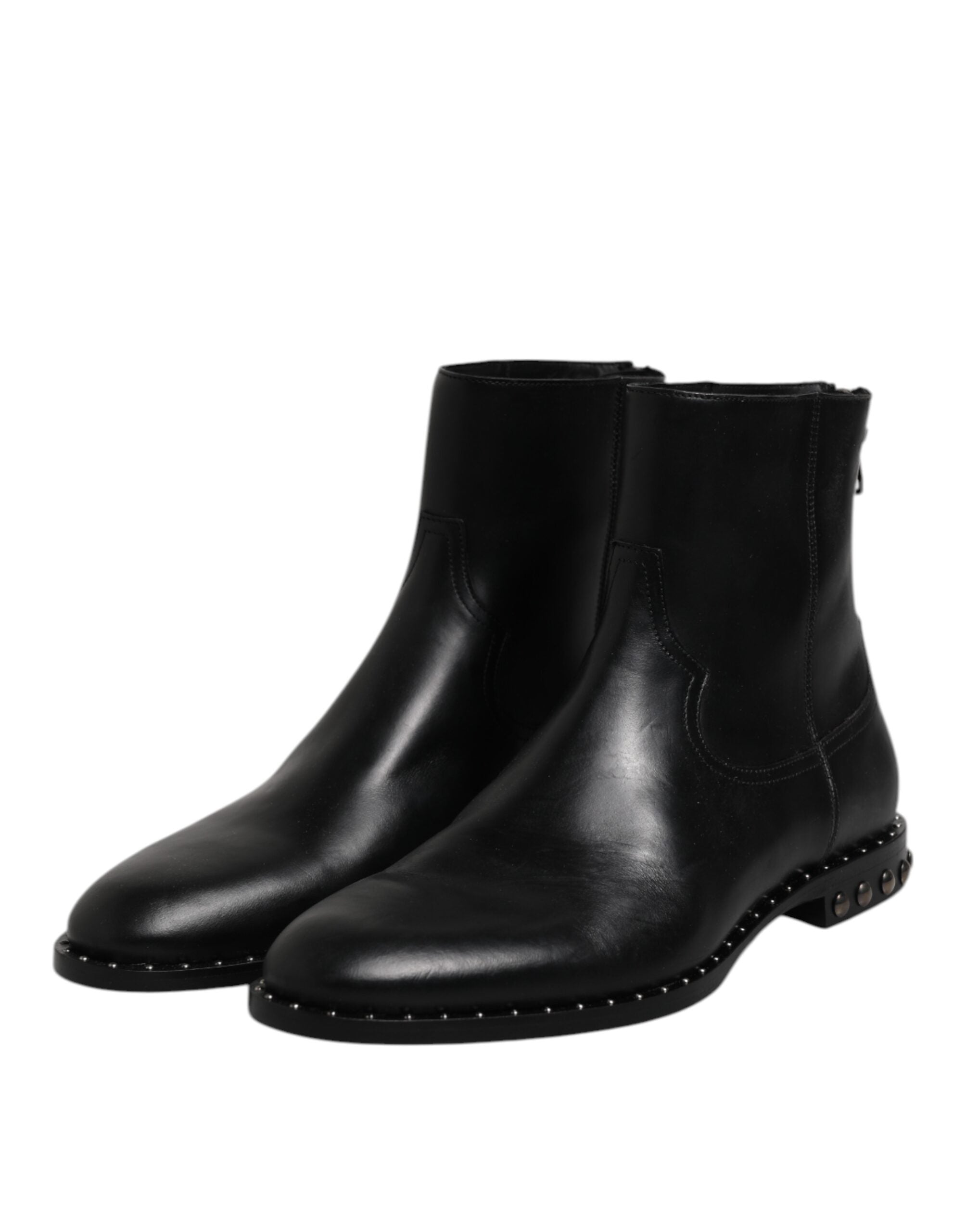 Dolce & Gabbana Black Leather Logo Ankle Boots Studded Shoes - ACCEXO