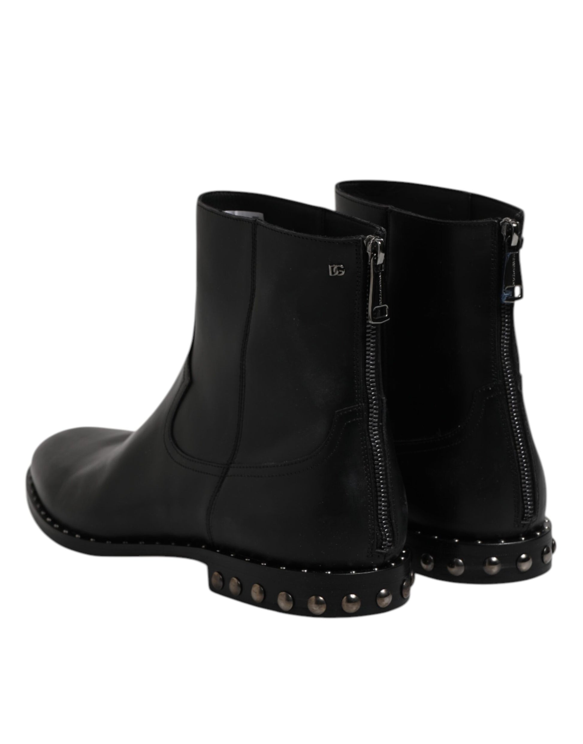 Dolce & Gabbana Black Leather Logo Ankle Boots Studded Shoes - ACCEXO