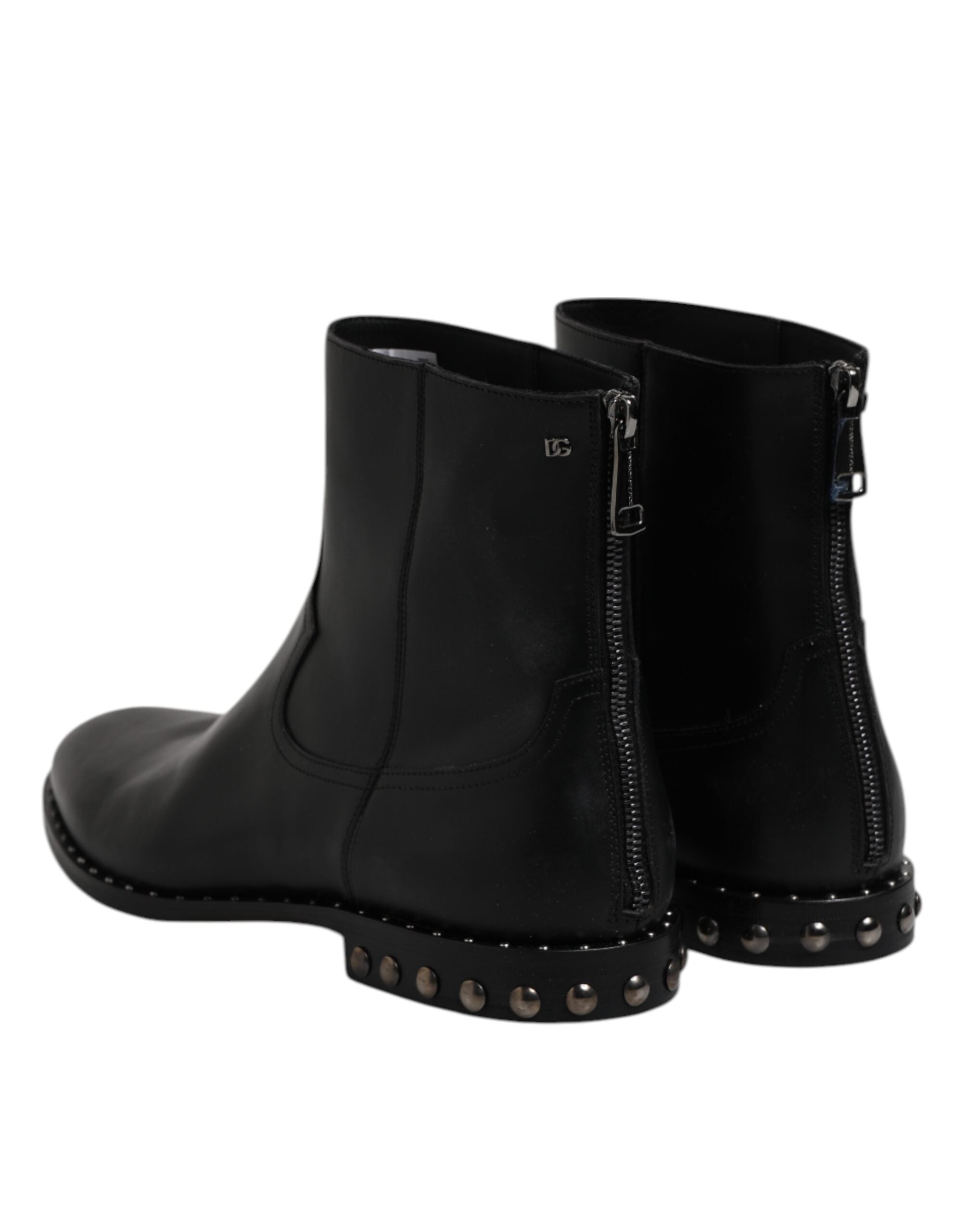 Dolce & Gabbana Black Leather Logo Ankle Boots Studded Shoes - ACCEXO