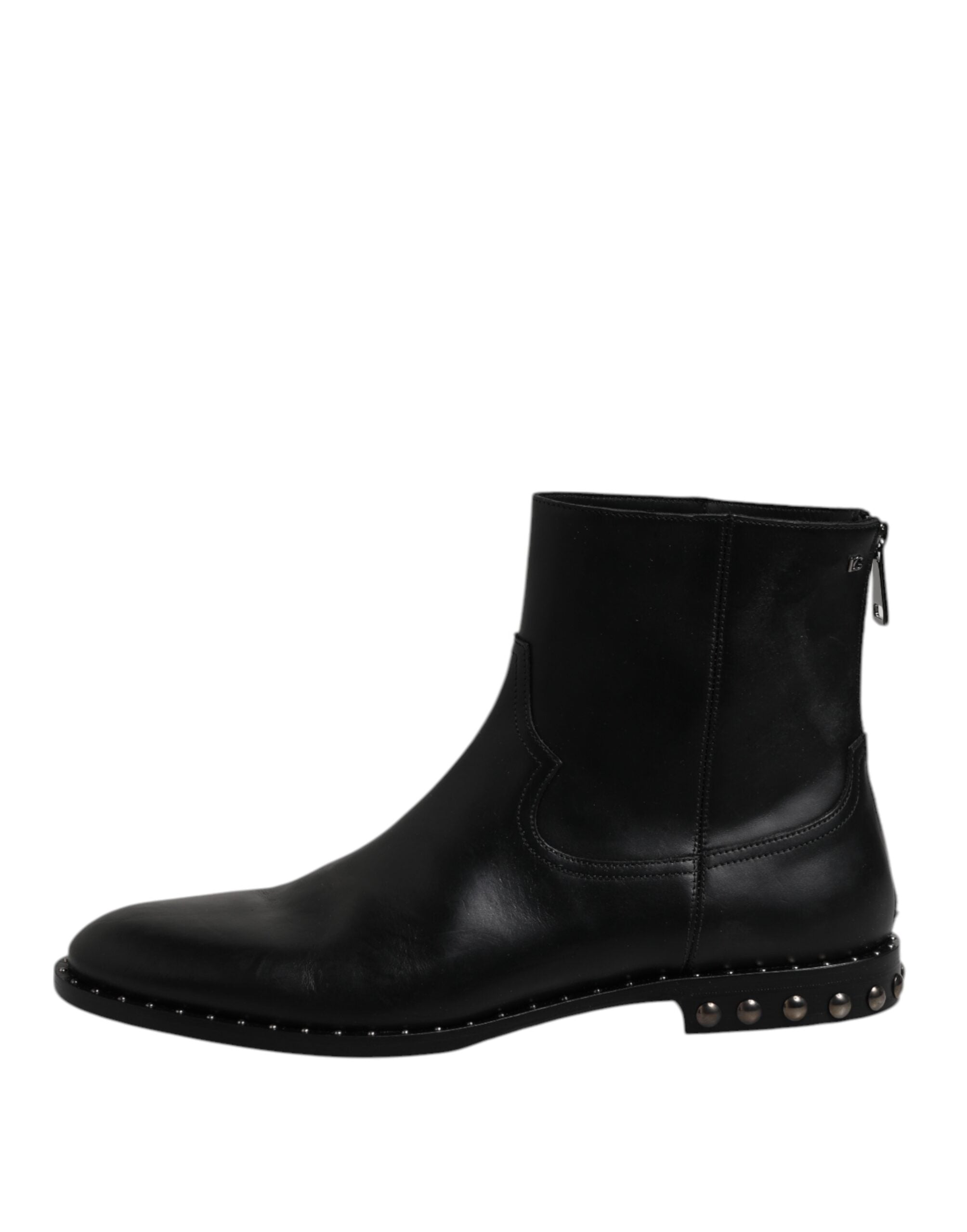 Dolce & Gabbana Black Leather Logo Ankle Boots Studded Shoes - ACCEXO